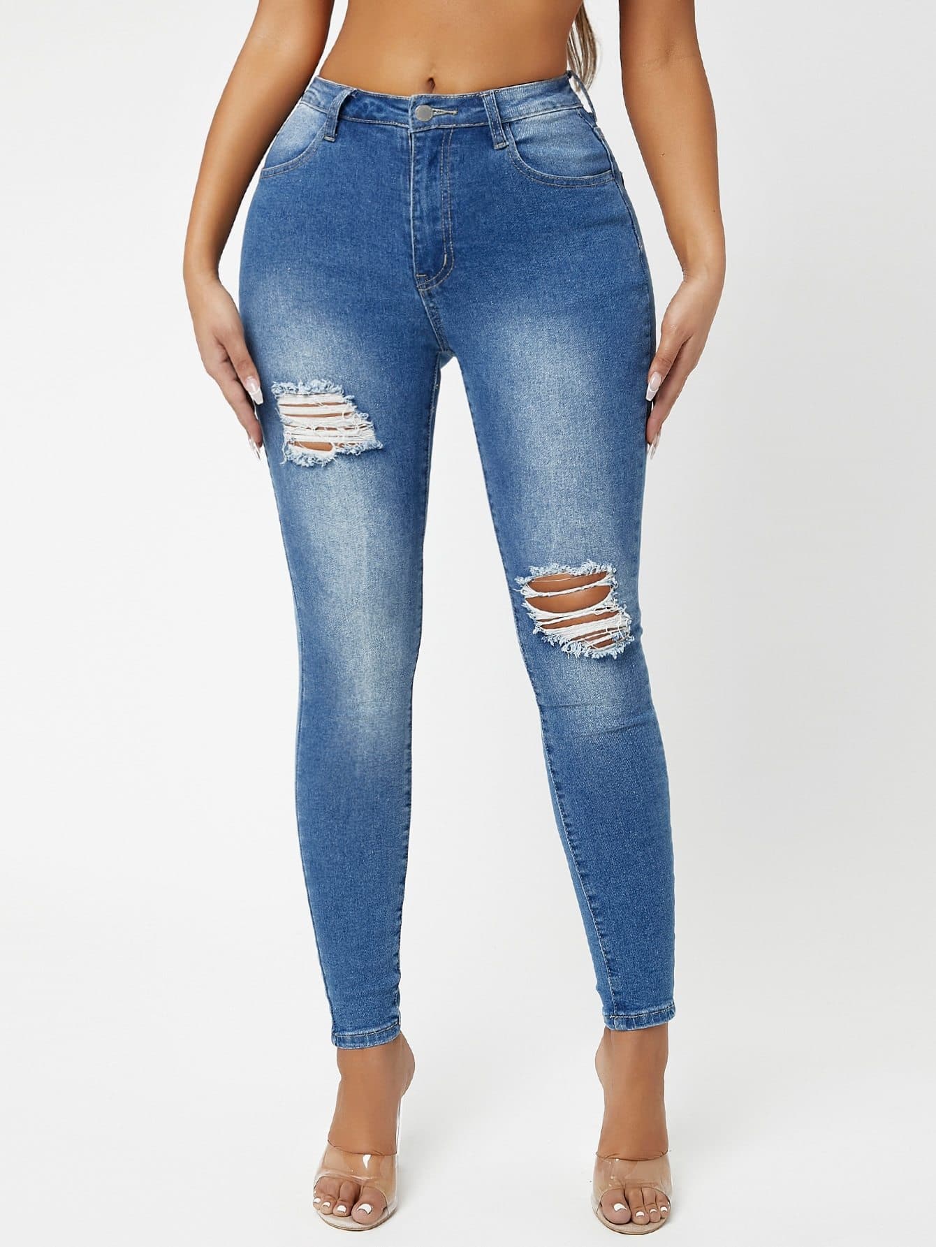 Dark Wash Drop Waist Ripped Skinny Jeans