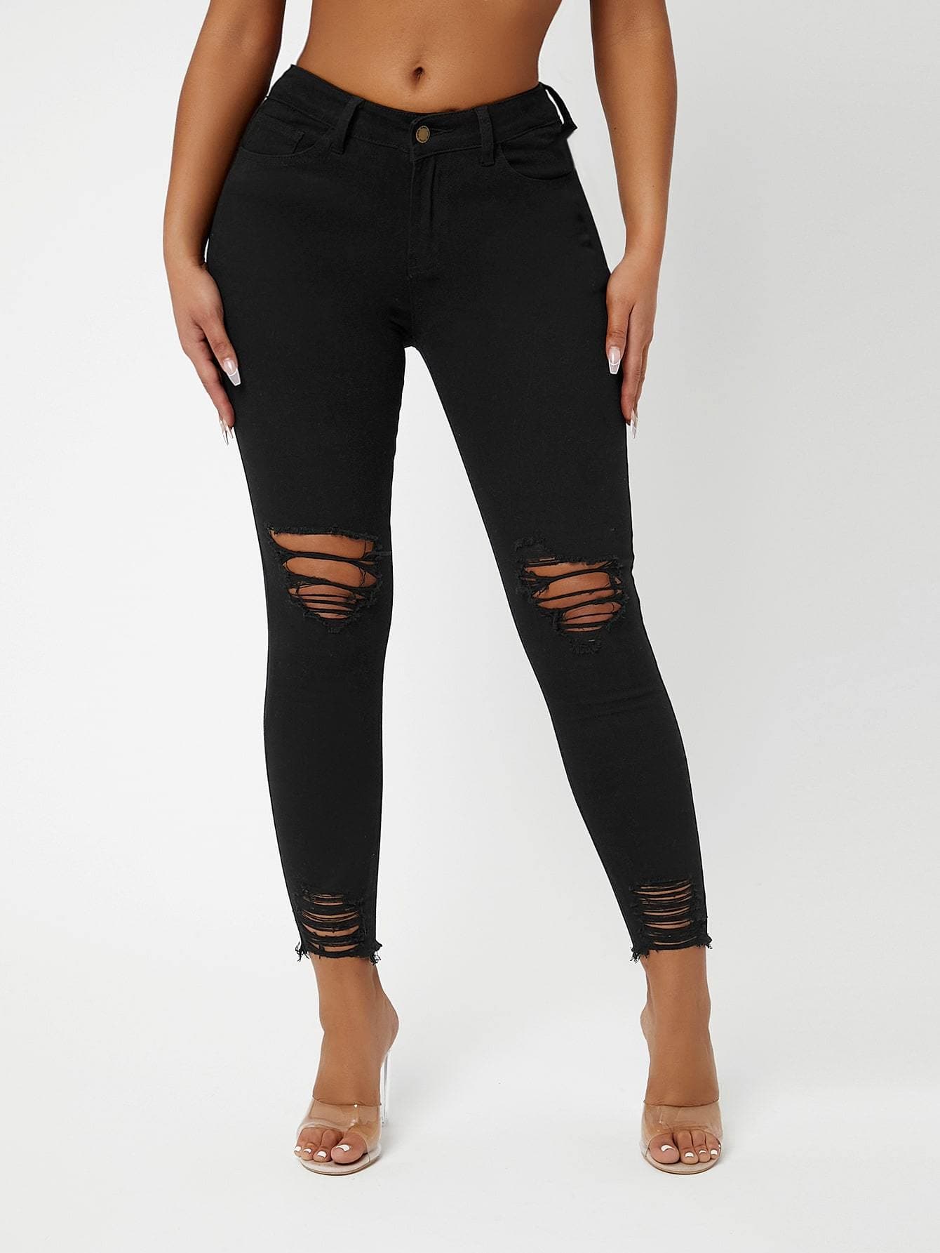 Black Drop Waist Ripped Raw Hem Skinny Jeans –