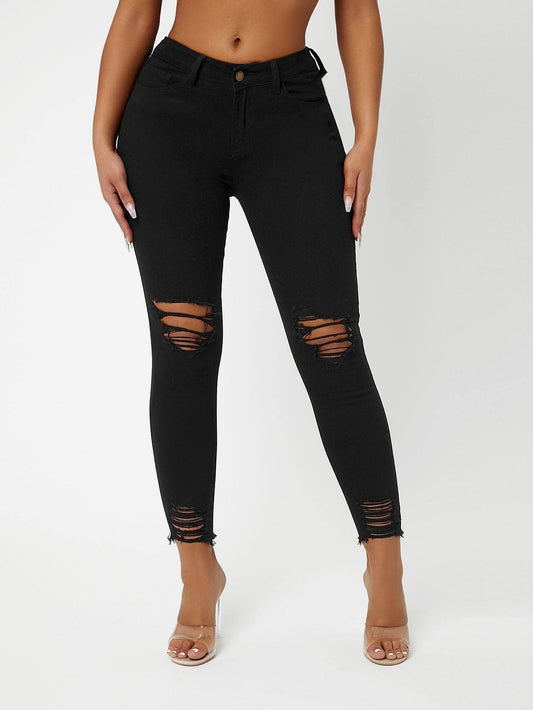 Black Drop Waist Ripped Raw Hem Skinny Jeans