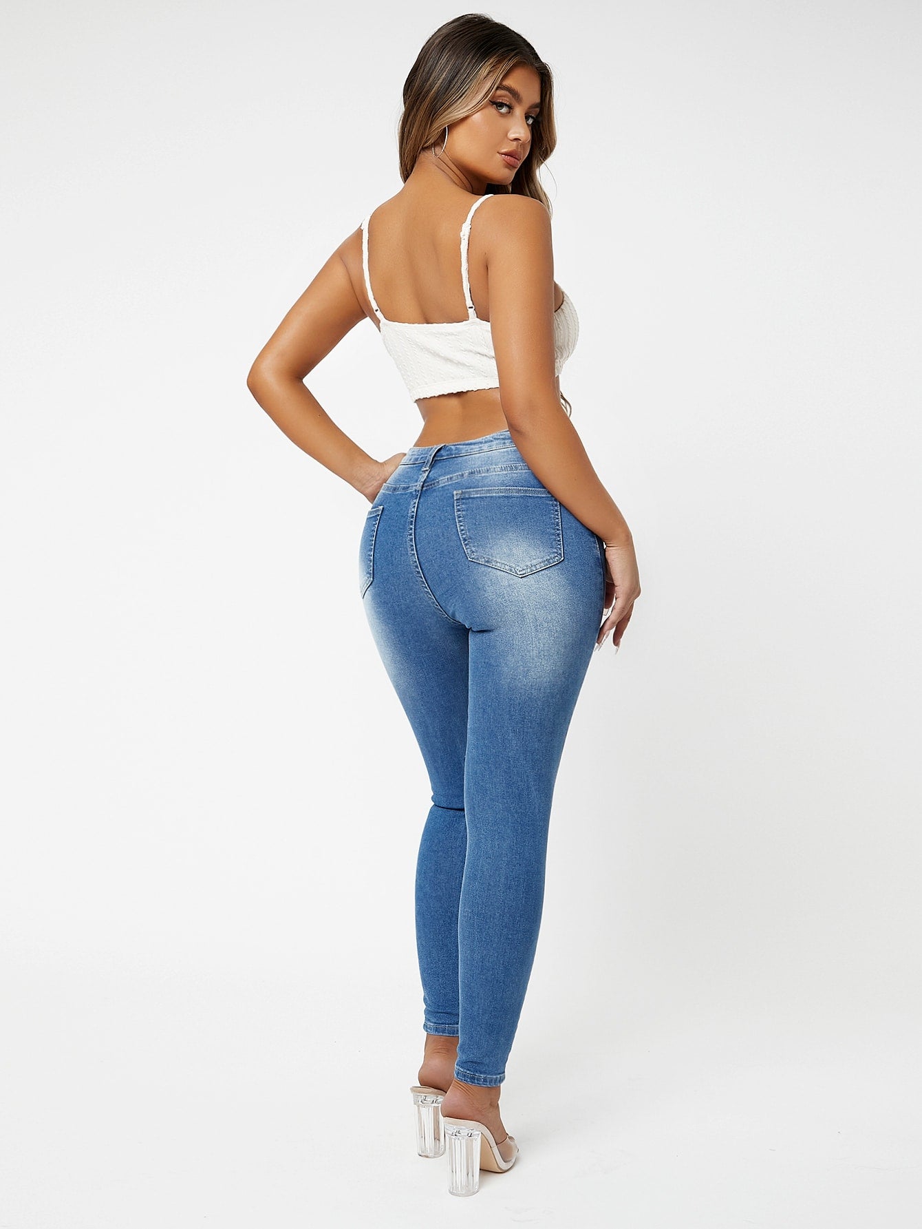 Dark Wash Drop Waist Ripped Skinny Jeans