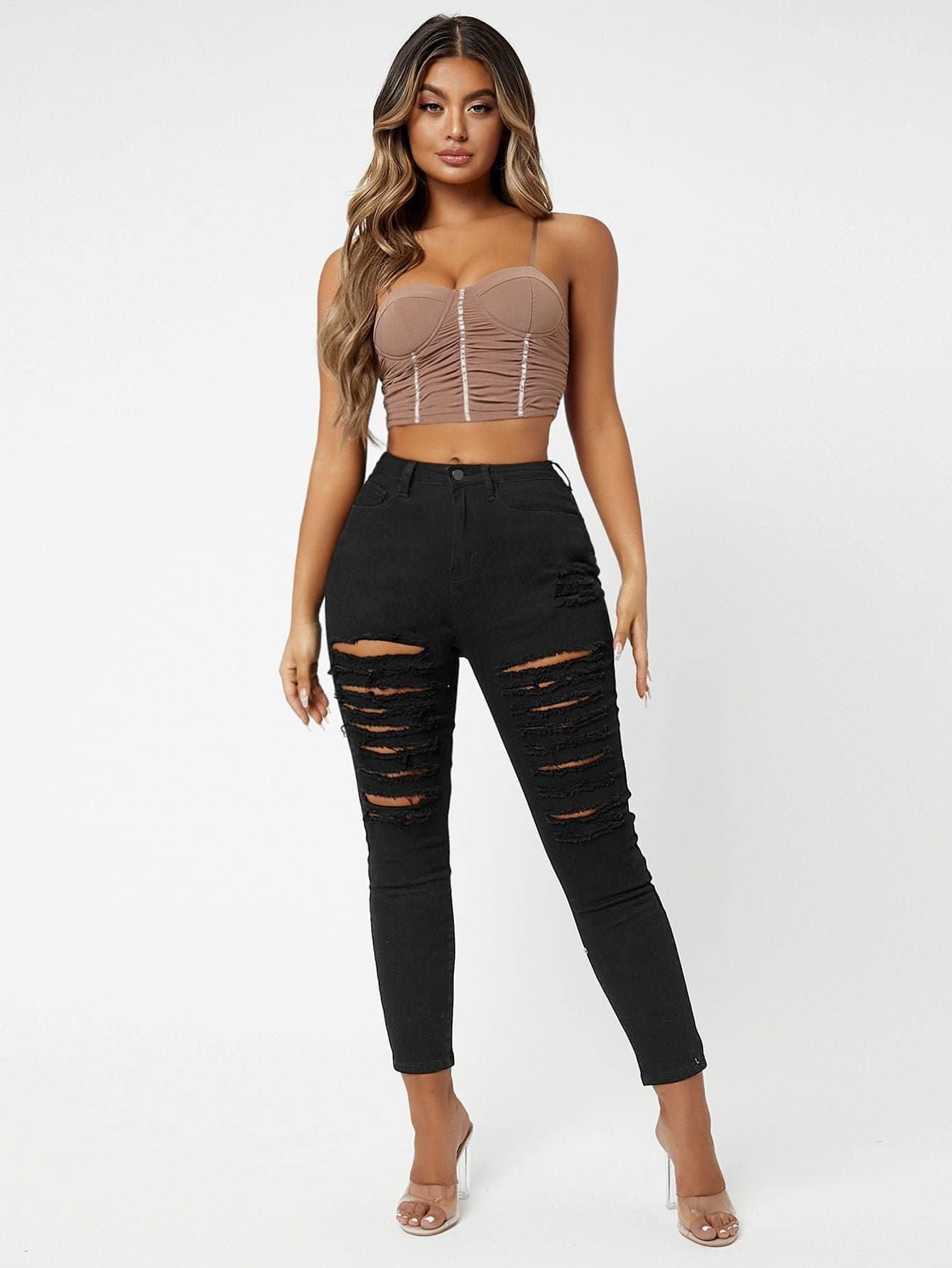Black Zipper Fly Ripped Cropped Skinny Jeans