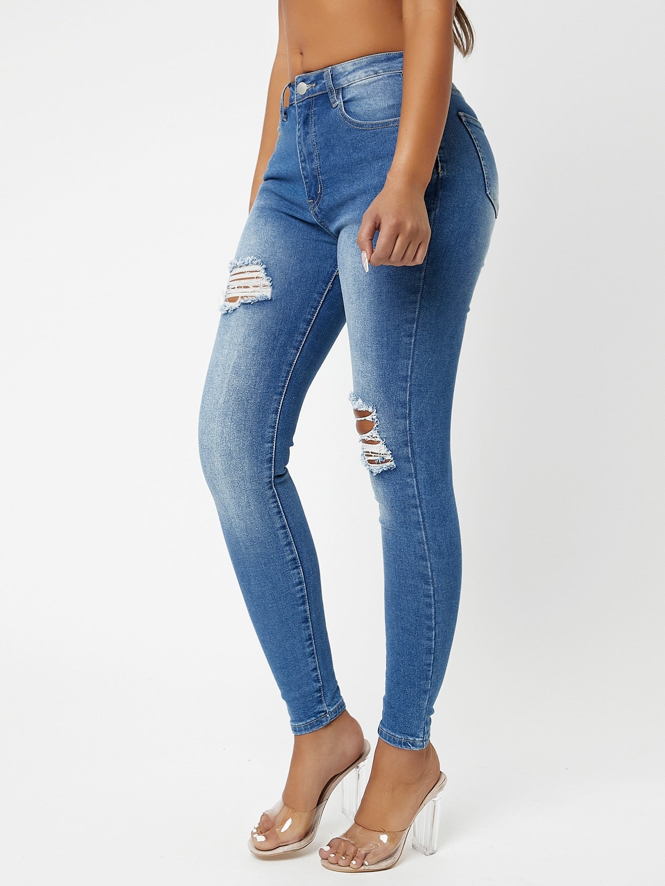 Dark Wash Drop Waist Ripped Skinny Jeans