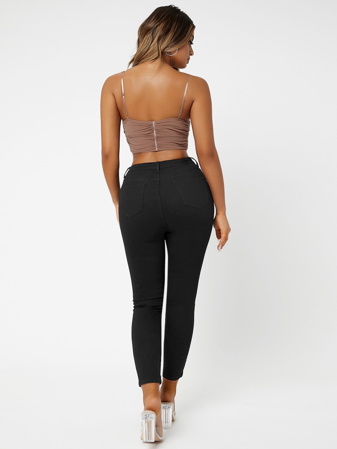 Black Zipper Fly Ripped Cropped Skinny Jeans