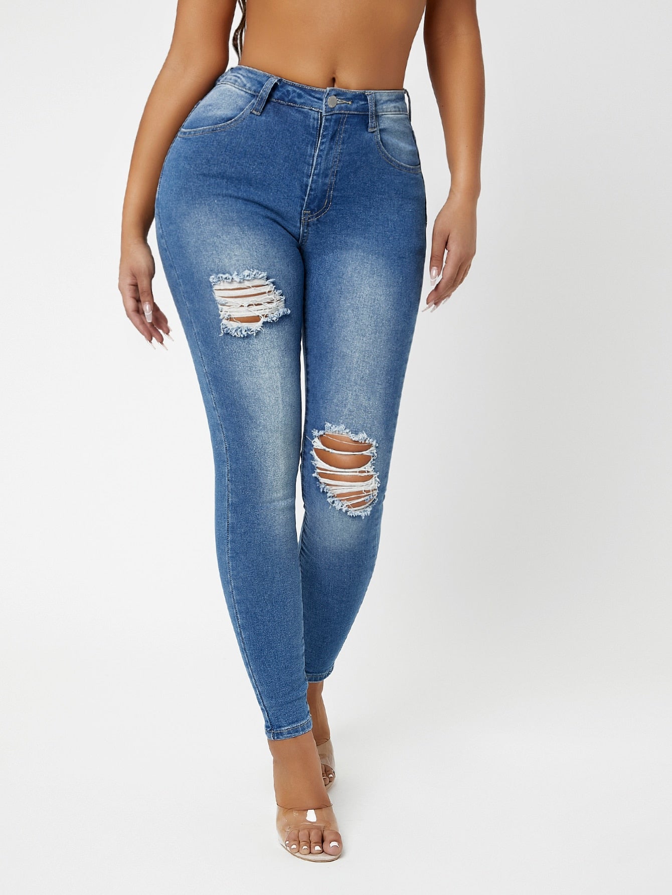 Dark Wash Drop Waist Ripped Skinny Jeans