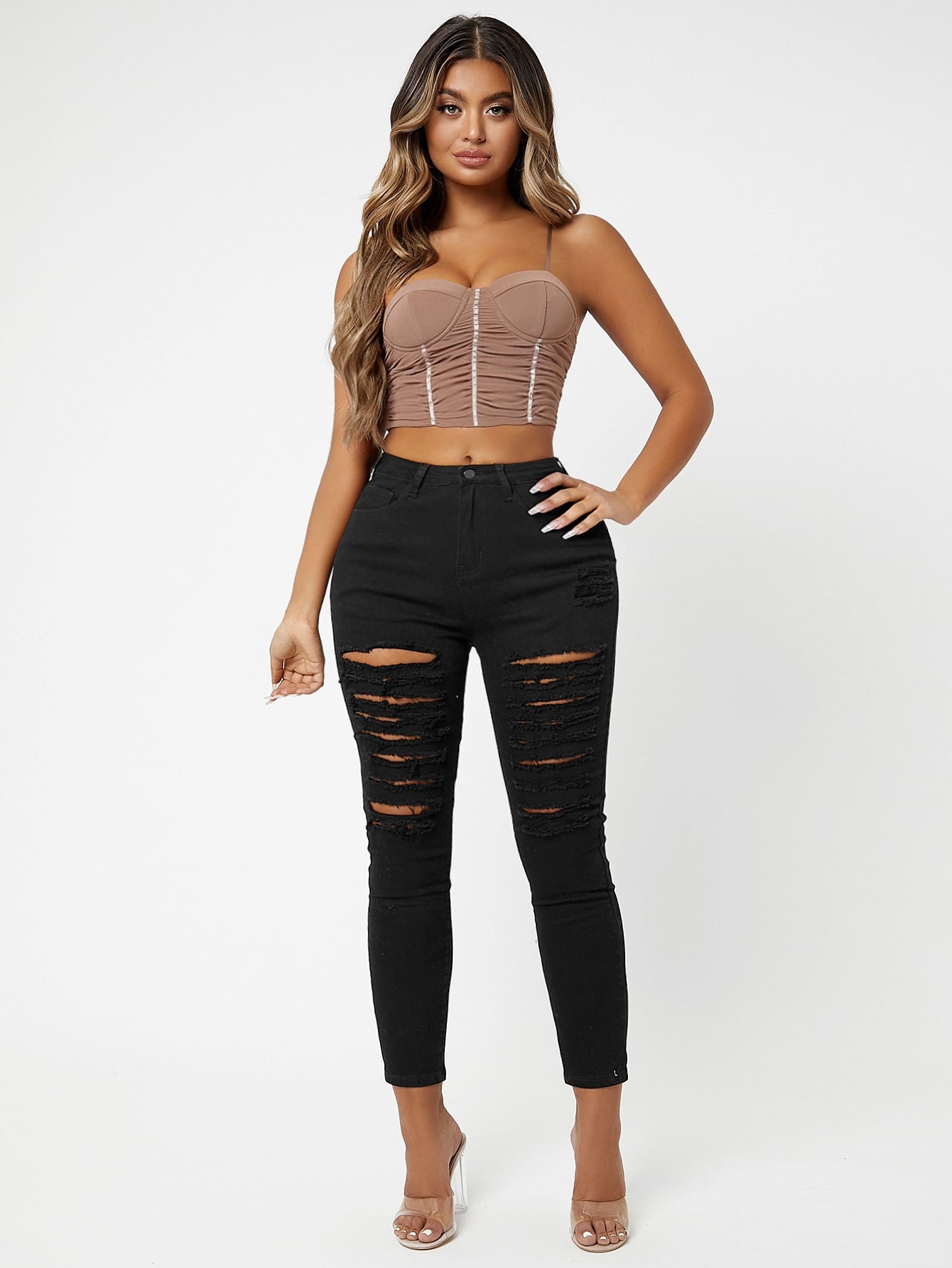 Black Zipper Fly Ripped Cropped Skinny Jeans