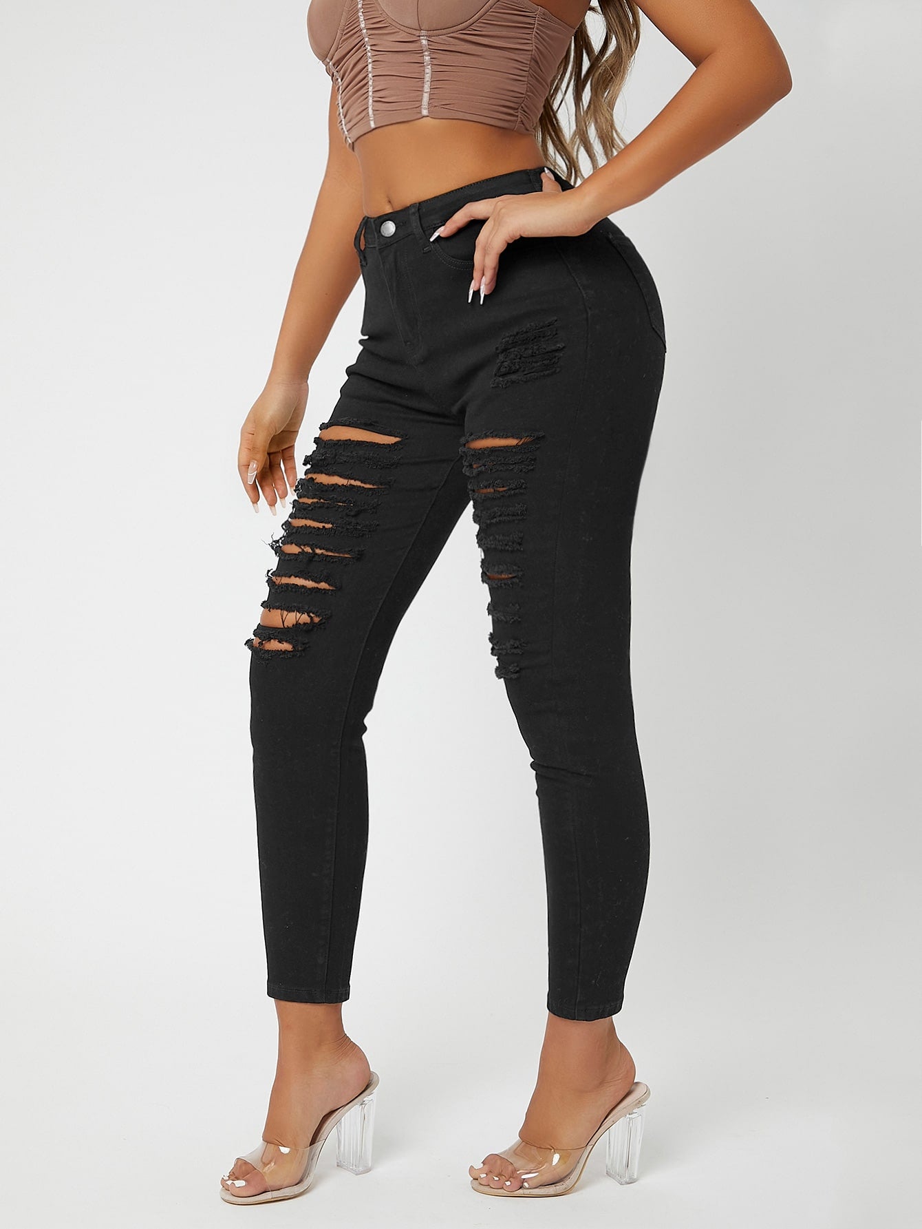 Black Zipper Fly Ripped Cropped Skinny Jeans