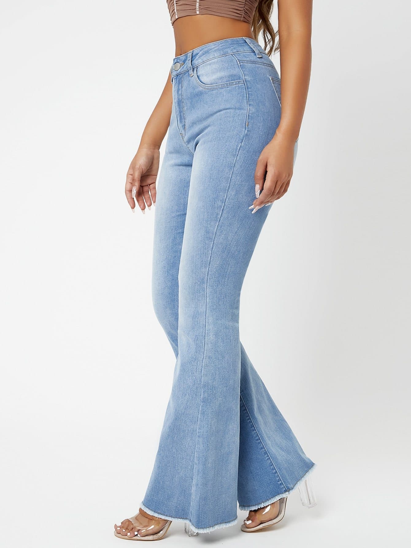 Blue Light Wash Raw Hem Flare Leg Jeans