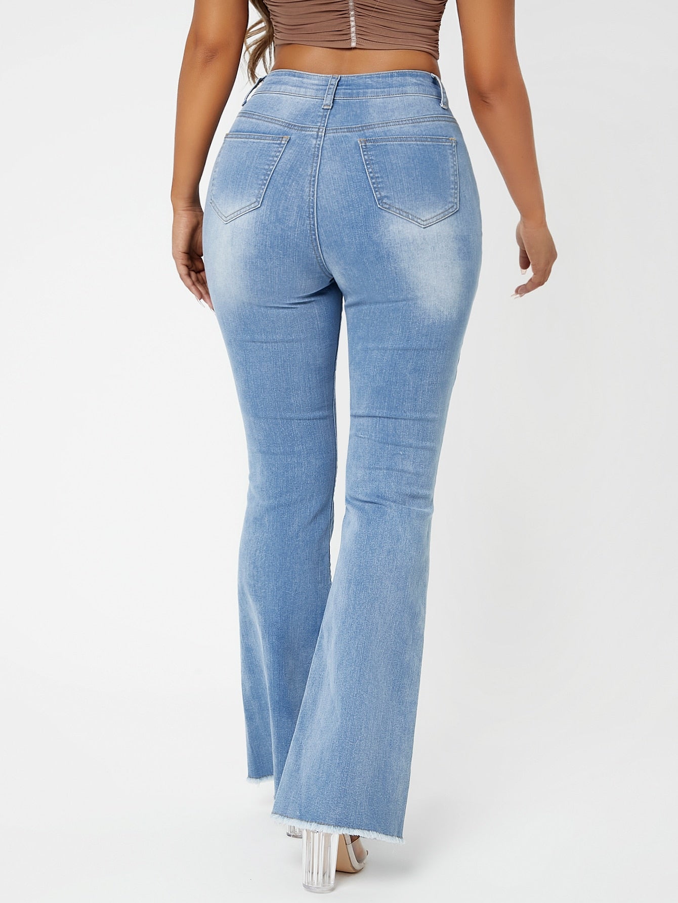 Blue Light Wash Raw Hem Flare Leg Jeans