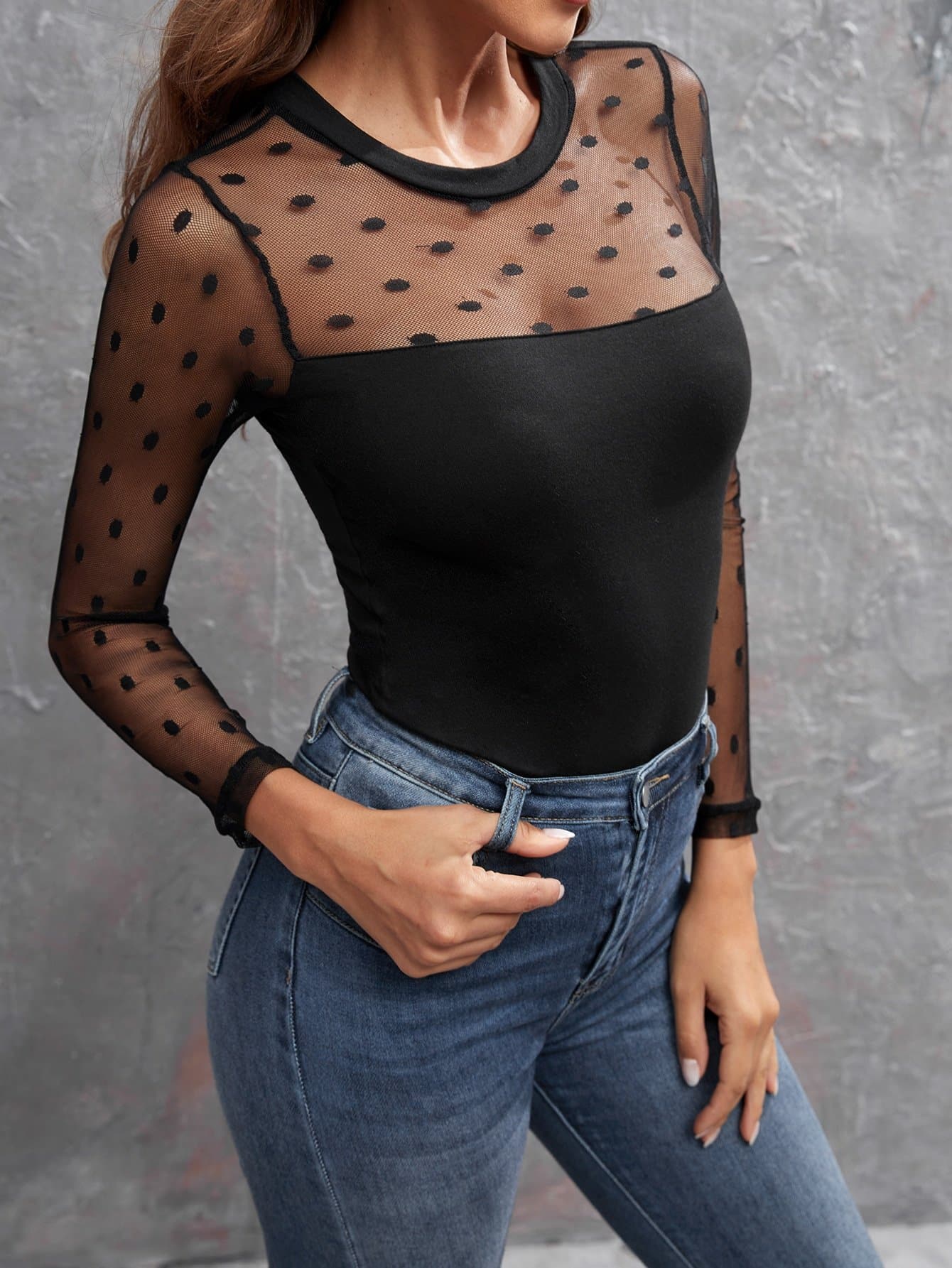 Black Round Neck Contrast Dobby Mesh Slim Fit Top