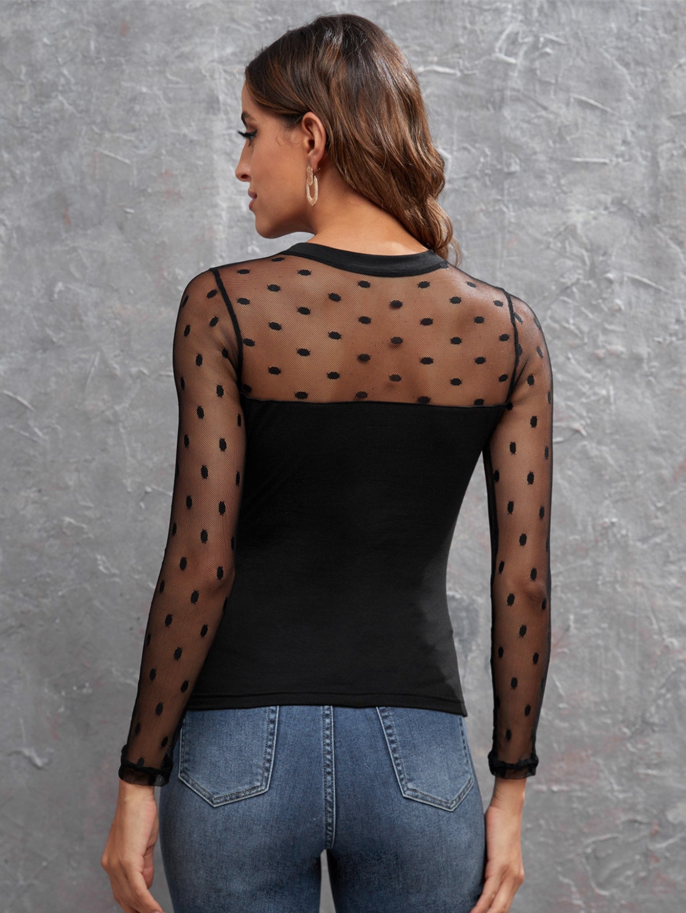 Black Round Neck Contrast Dobby Mesh Slim Fit Top