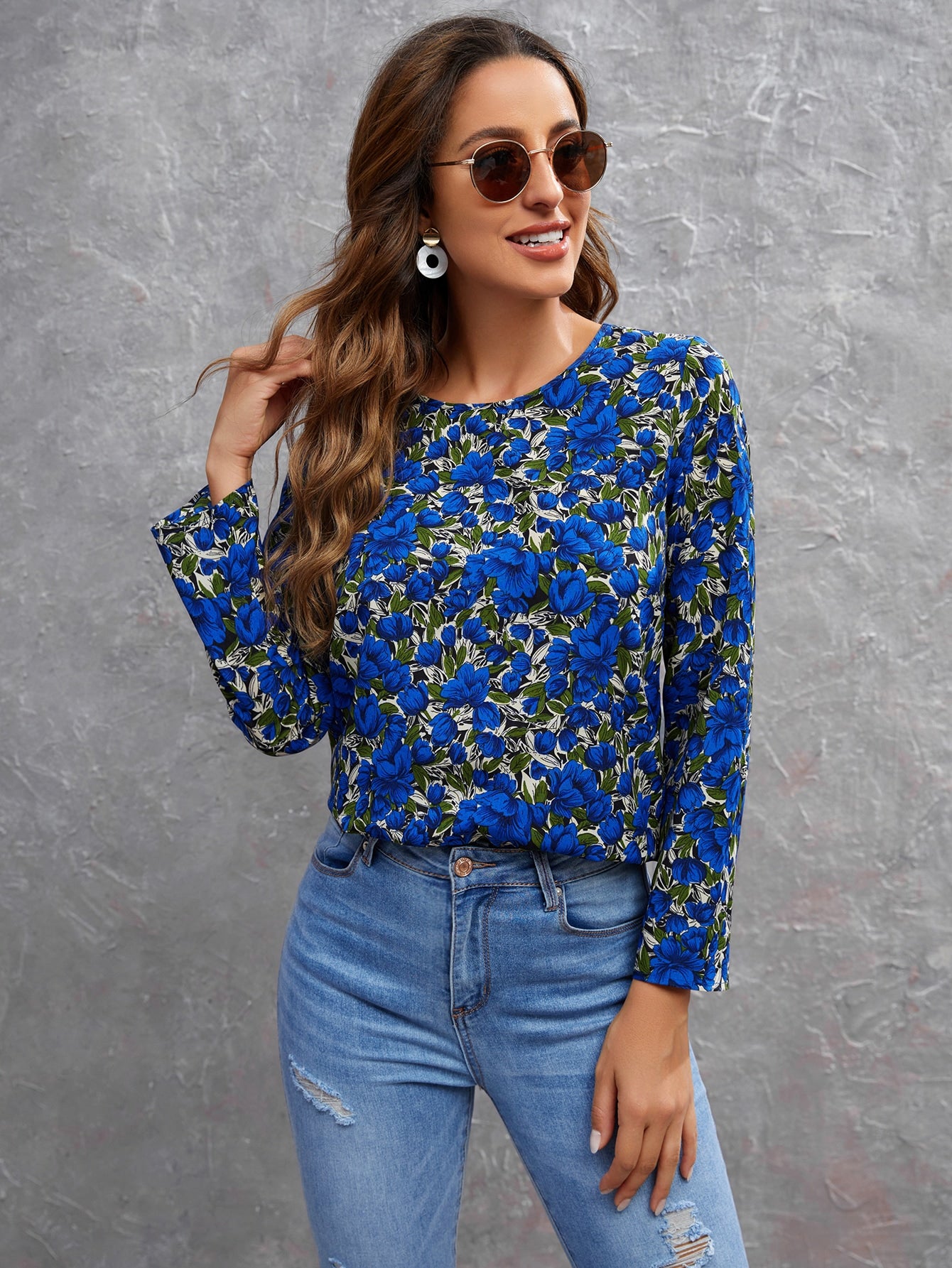 Blue Floral Print Round Neck Blouse Top