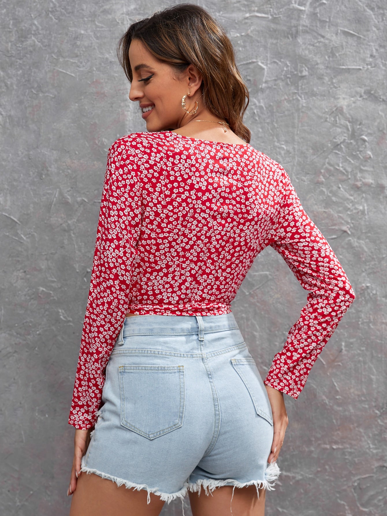 Red White Ditsy Floral Tie Side Crop Blouse Top