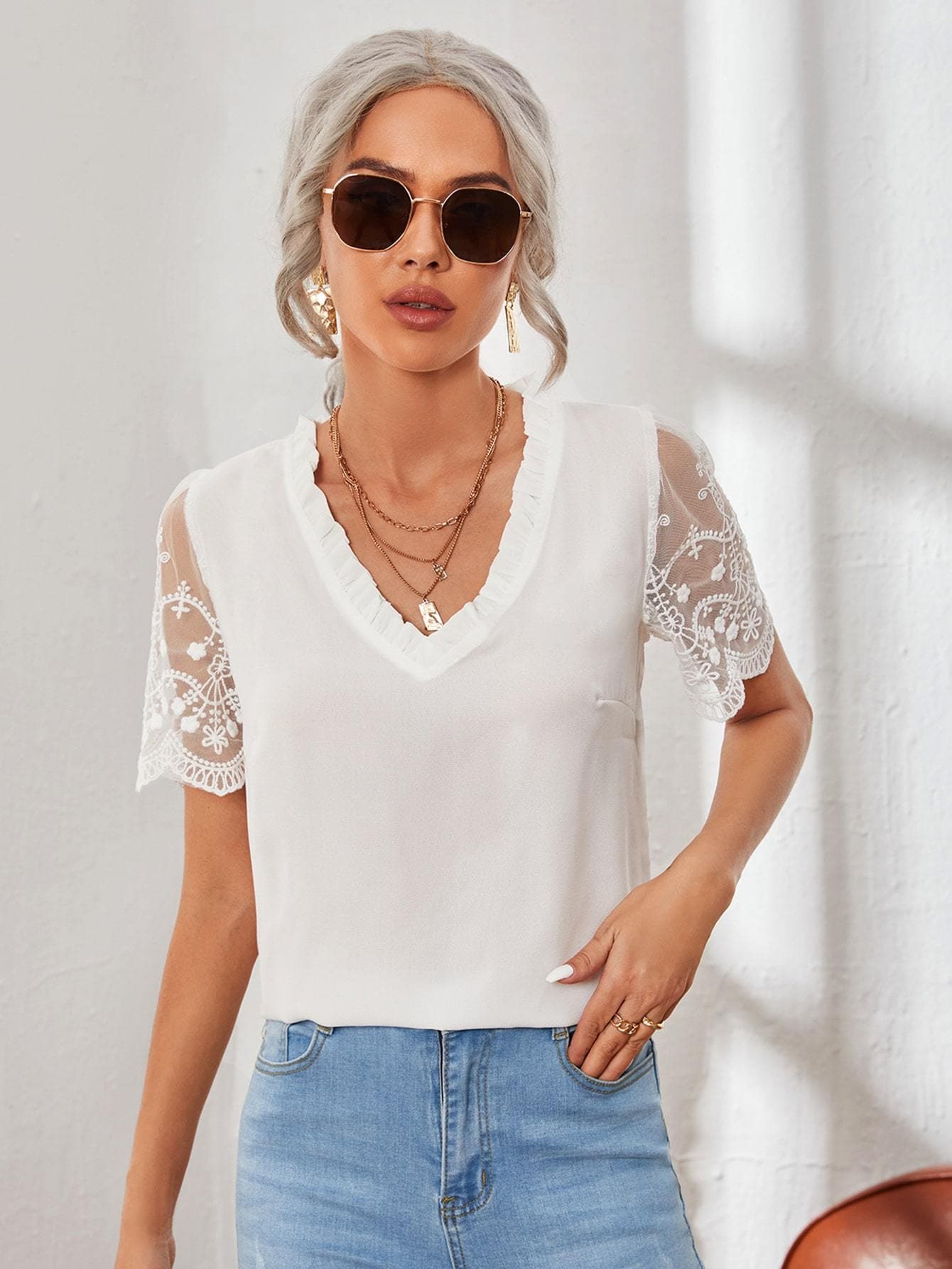 White Frill V-Neck Embroidery Mesh Sleeve Top