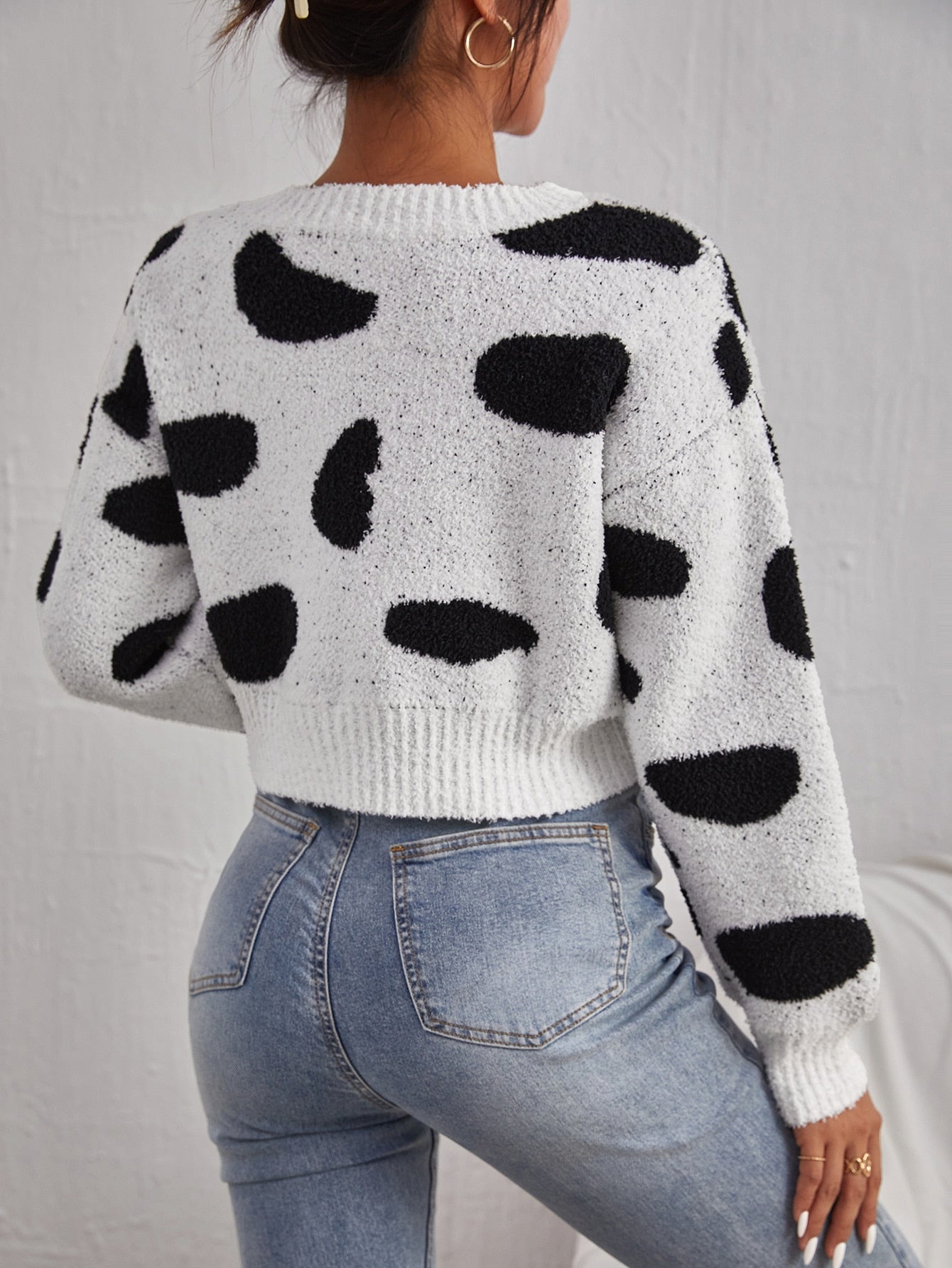 Black White Cow Pattern Drop Shoulder Round Neck Sweater