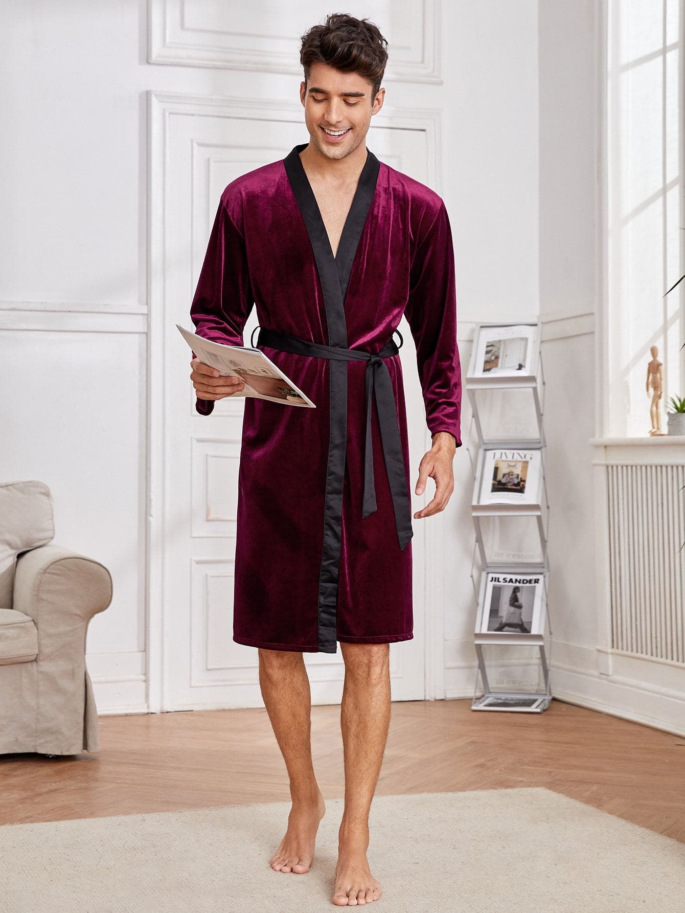 Burgundy Contrast Tape Belted Lounge Sleepwear Robe