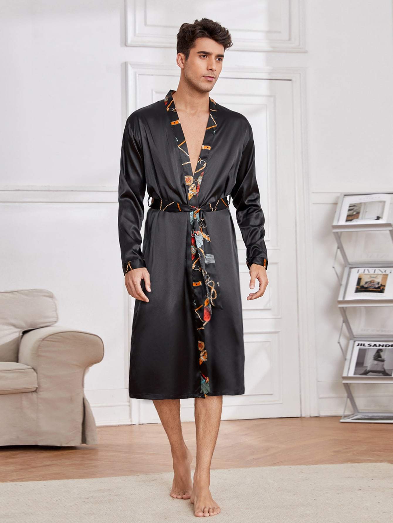 Black Satin Contrast Tape Belted Lounge Sleepwear Robe