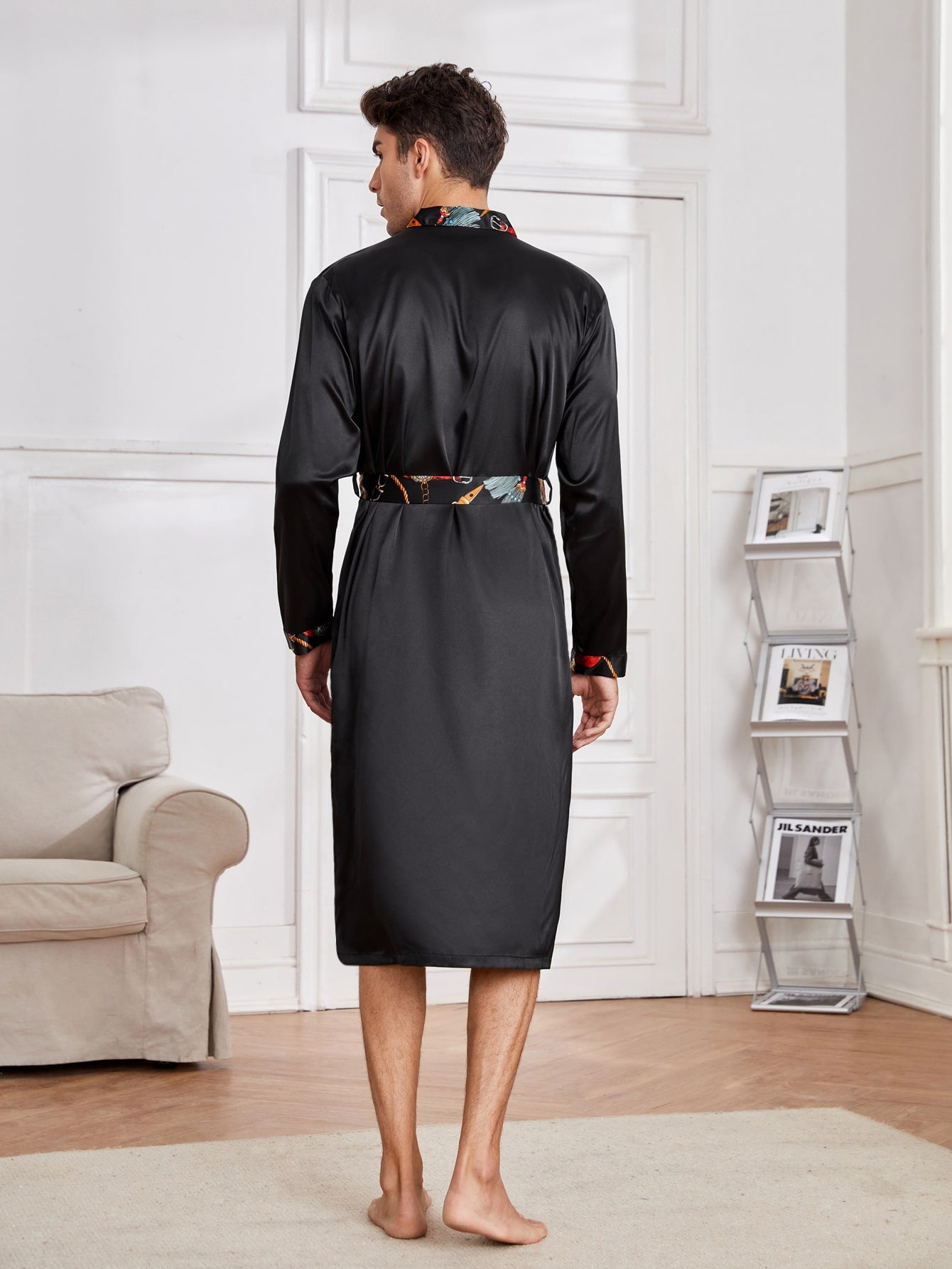 Black Satin Contrast Tape Belted Lounge Sleepwear Robe