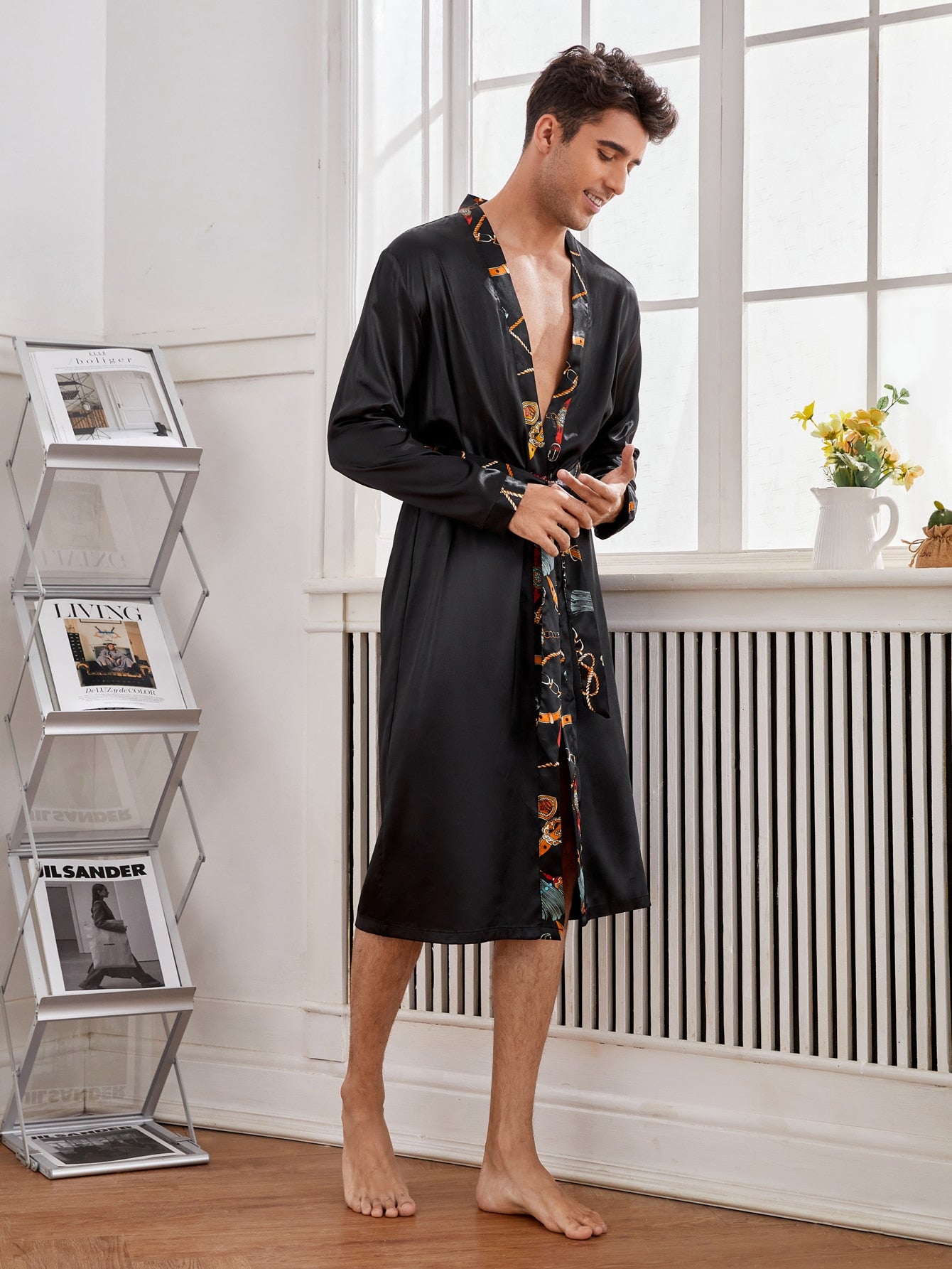 Black Satin Contrast Tape Belted Lounge Sleepwear Robe