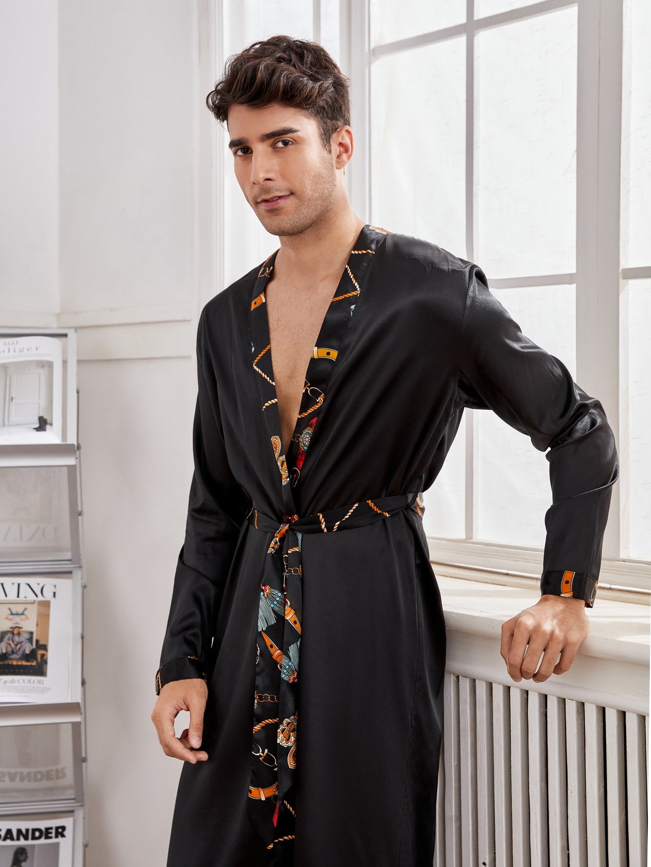 Black Satin Contrast Tape Belted Lounge Sleepwear Robe