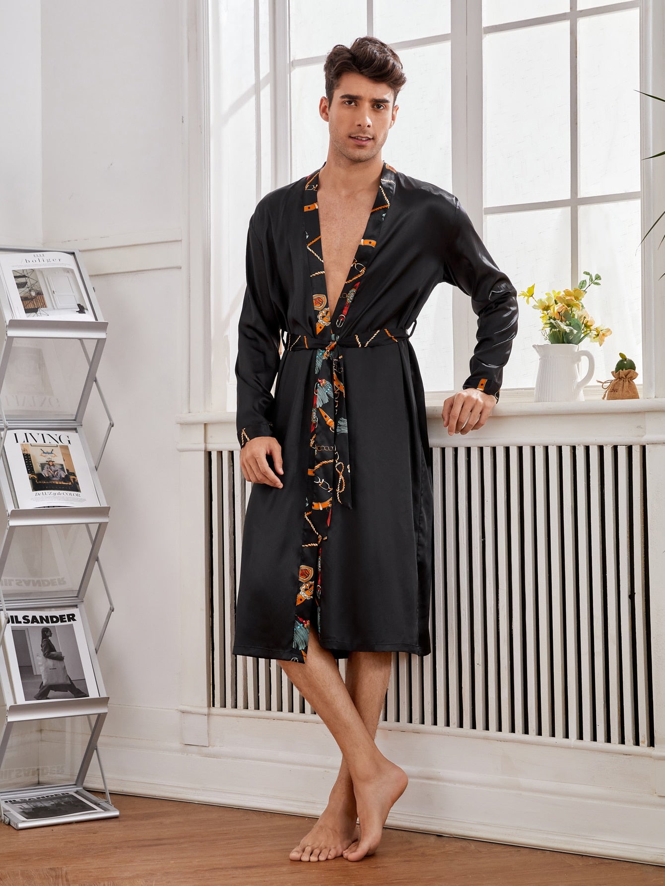 Black Satin Contrast Tape Belted Lounge Sleepwear Robe