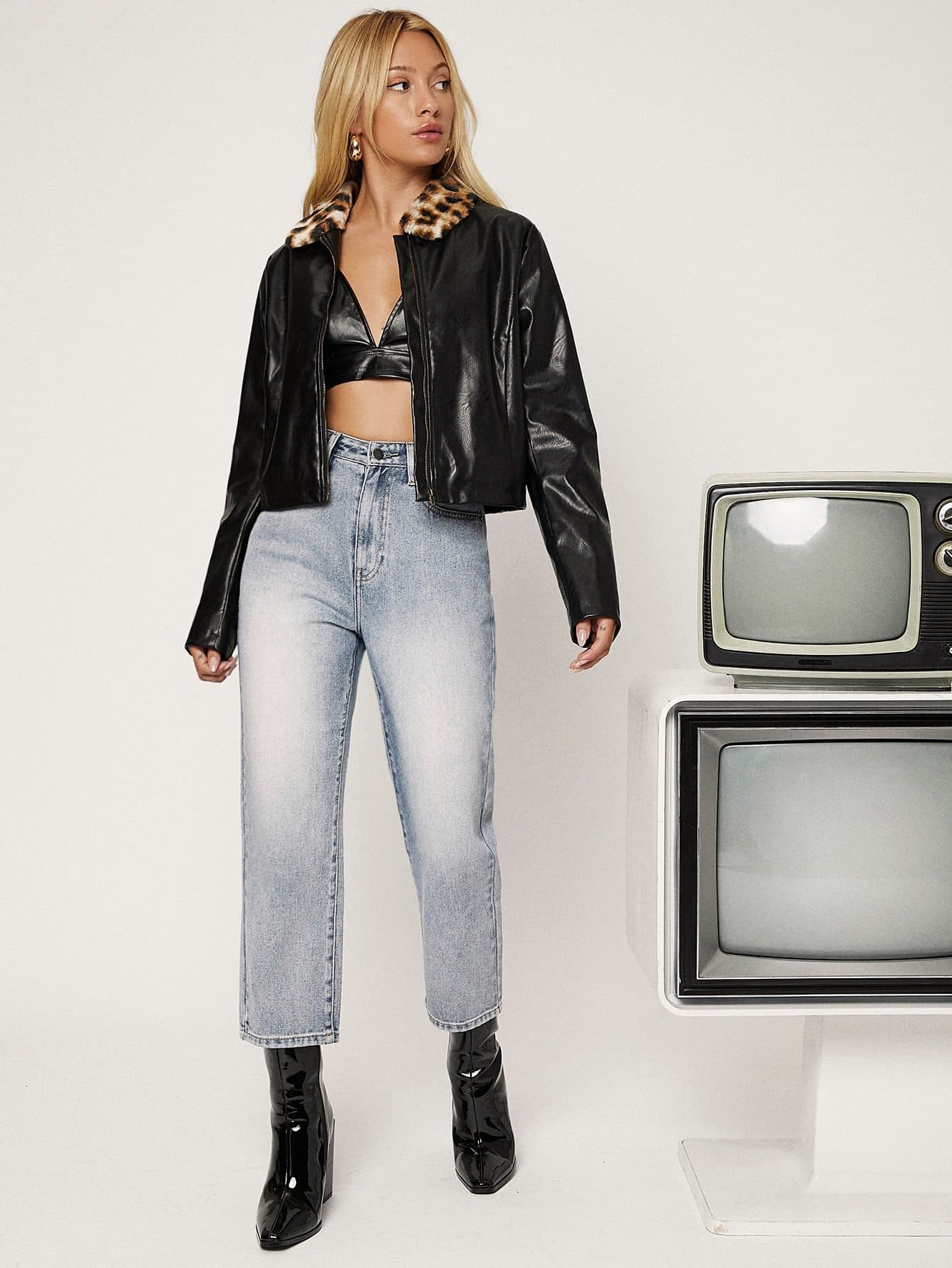Black Colourblock Zip Up PU Leather Bomber Jacket