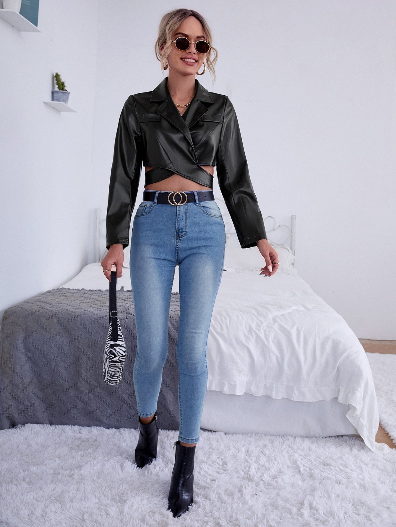 Black Solid Criss Cross Tie Back Crop PU Leather Slim Fit Jacket