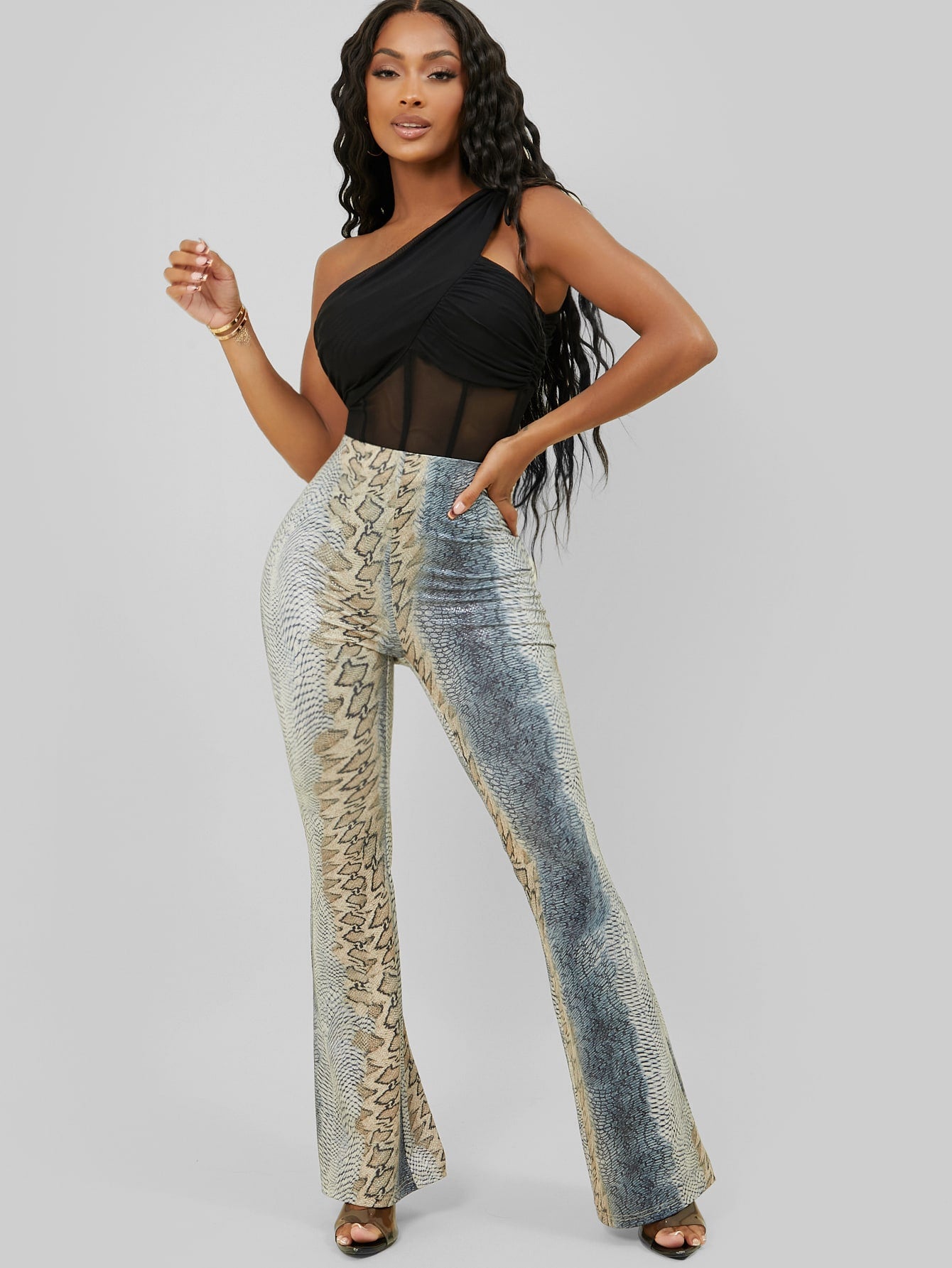 Black Sheer Mesh Ruched Drawstring One-Shoulder Slim Fit Bodysuit