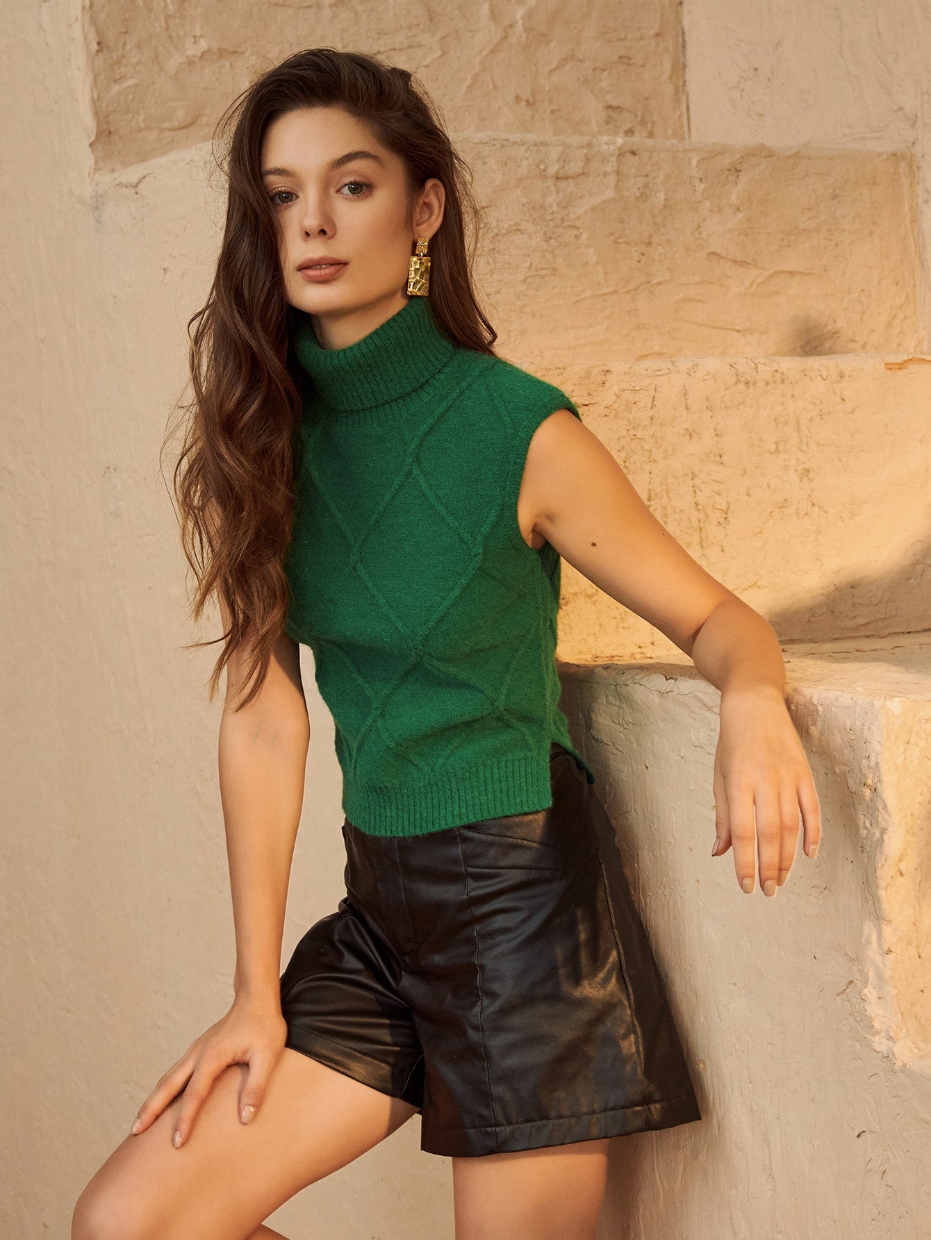 Green High Neck Split Hem Knit Top