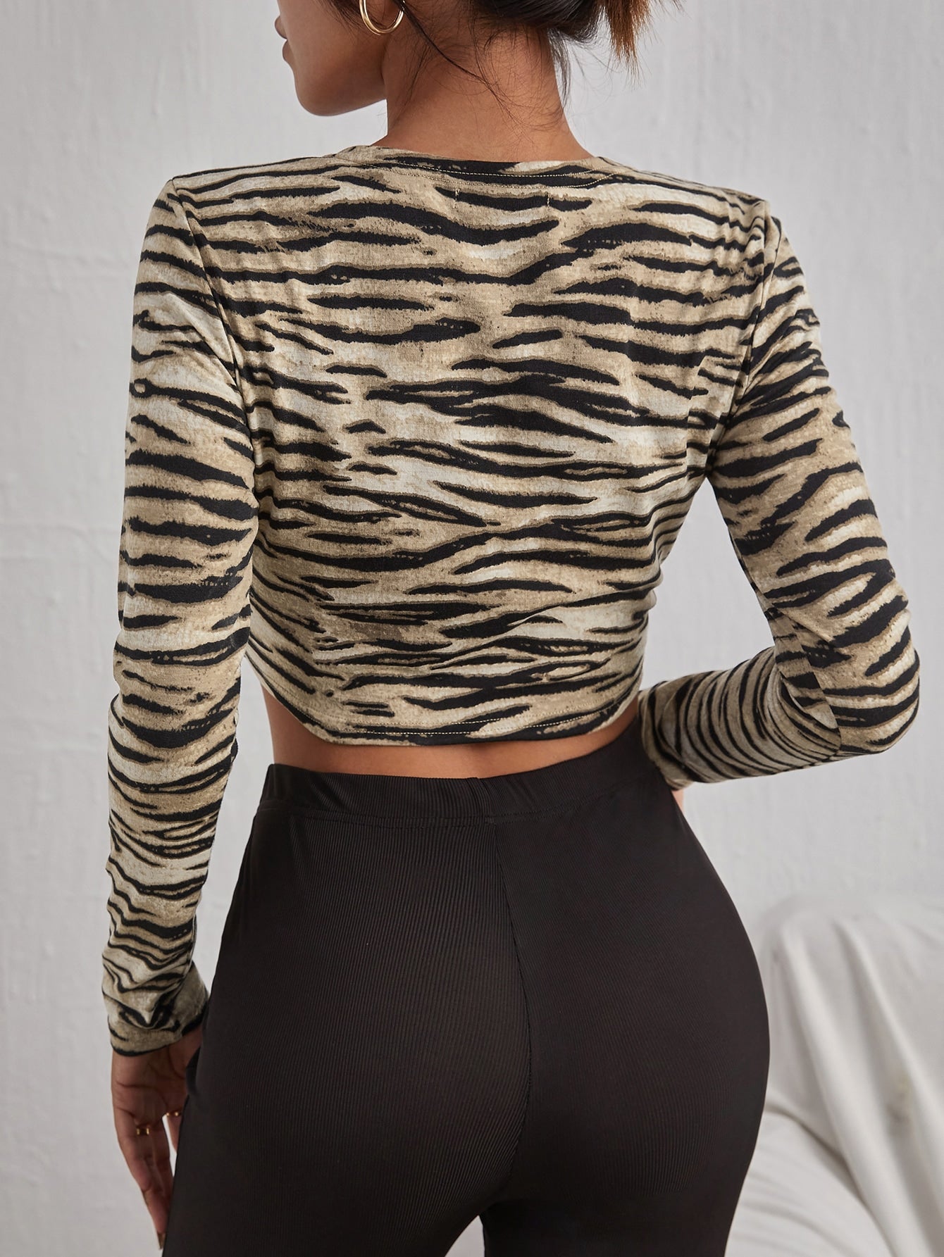 Tiger Skin Print V-Neck Drawstring Crop Top
