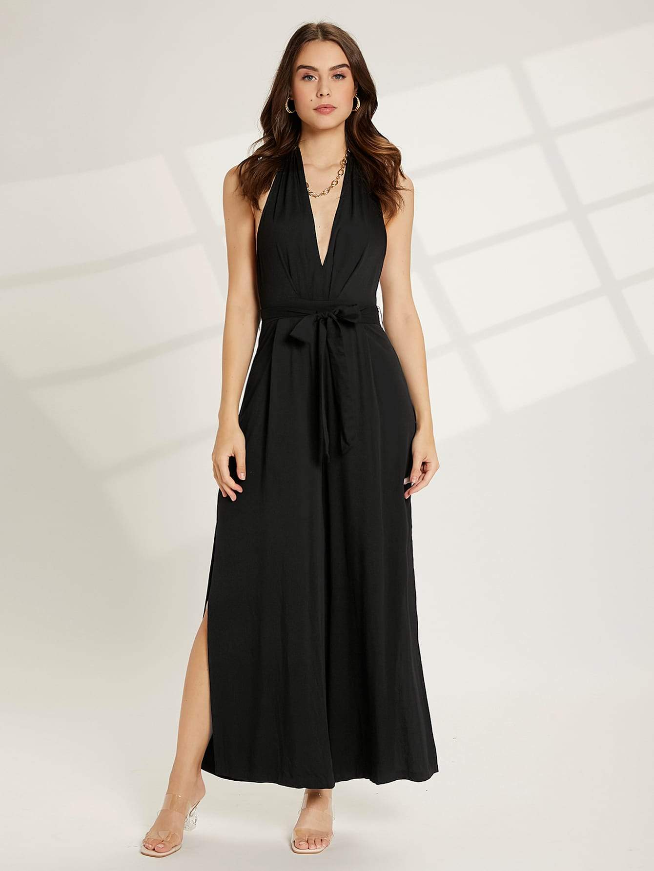 Black Sleeveless Halter Neck Tie Back Belted Backless Split Hem Jumpsuit