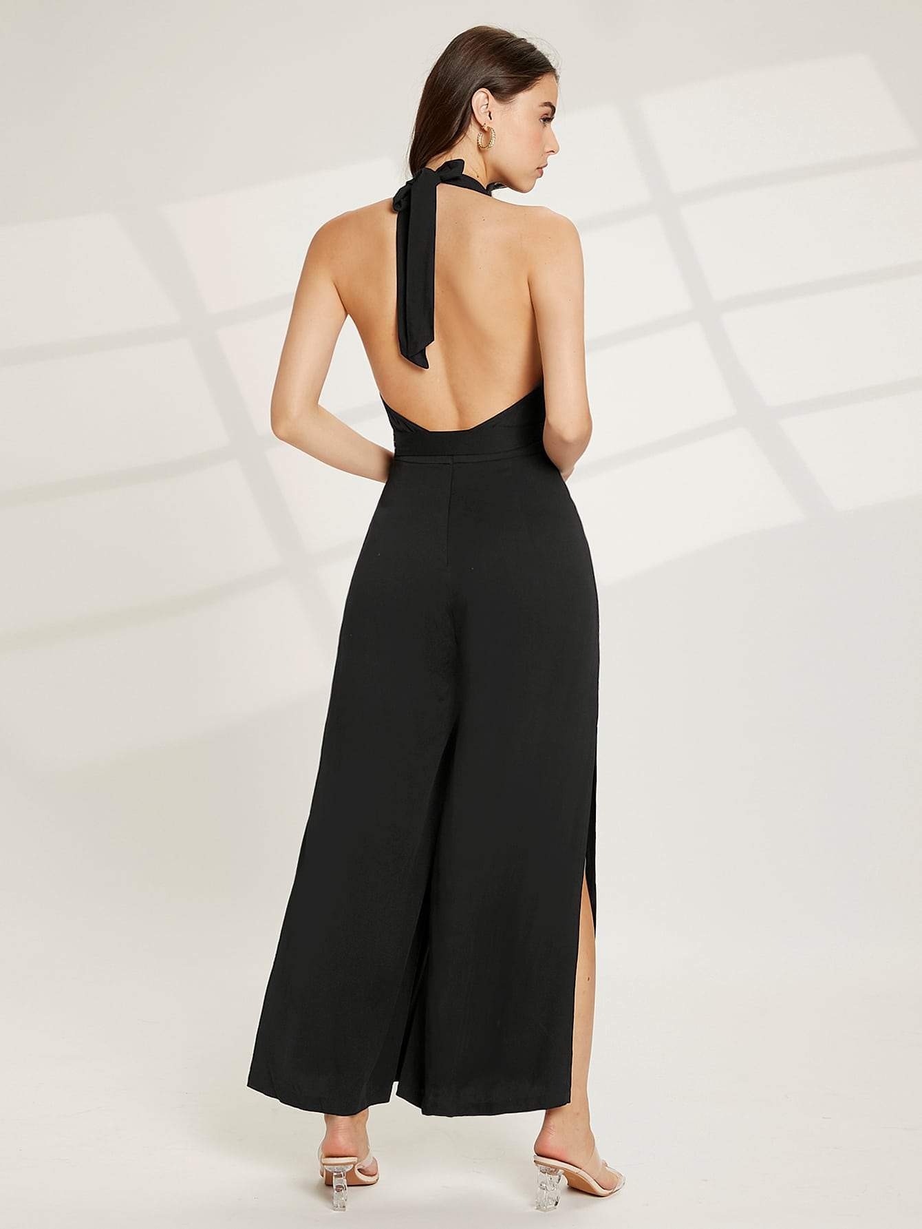 Black Sleeveless Halter Neck Tie Back Belted Backless Split Hem Jumpsuit