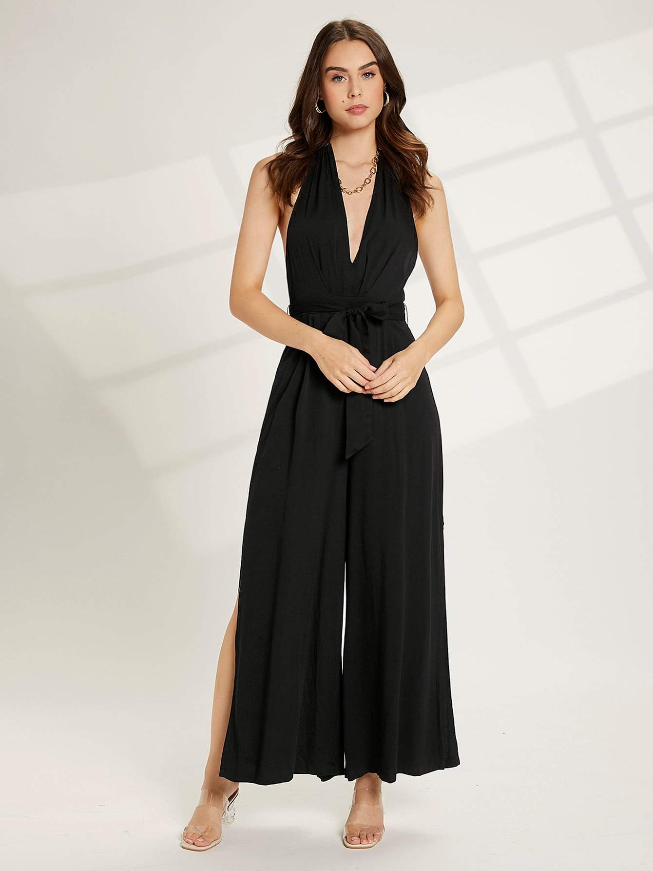 Black Sleeveless Halter Neck Tie Back Belted Backless Split Hem Jumpsuit