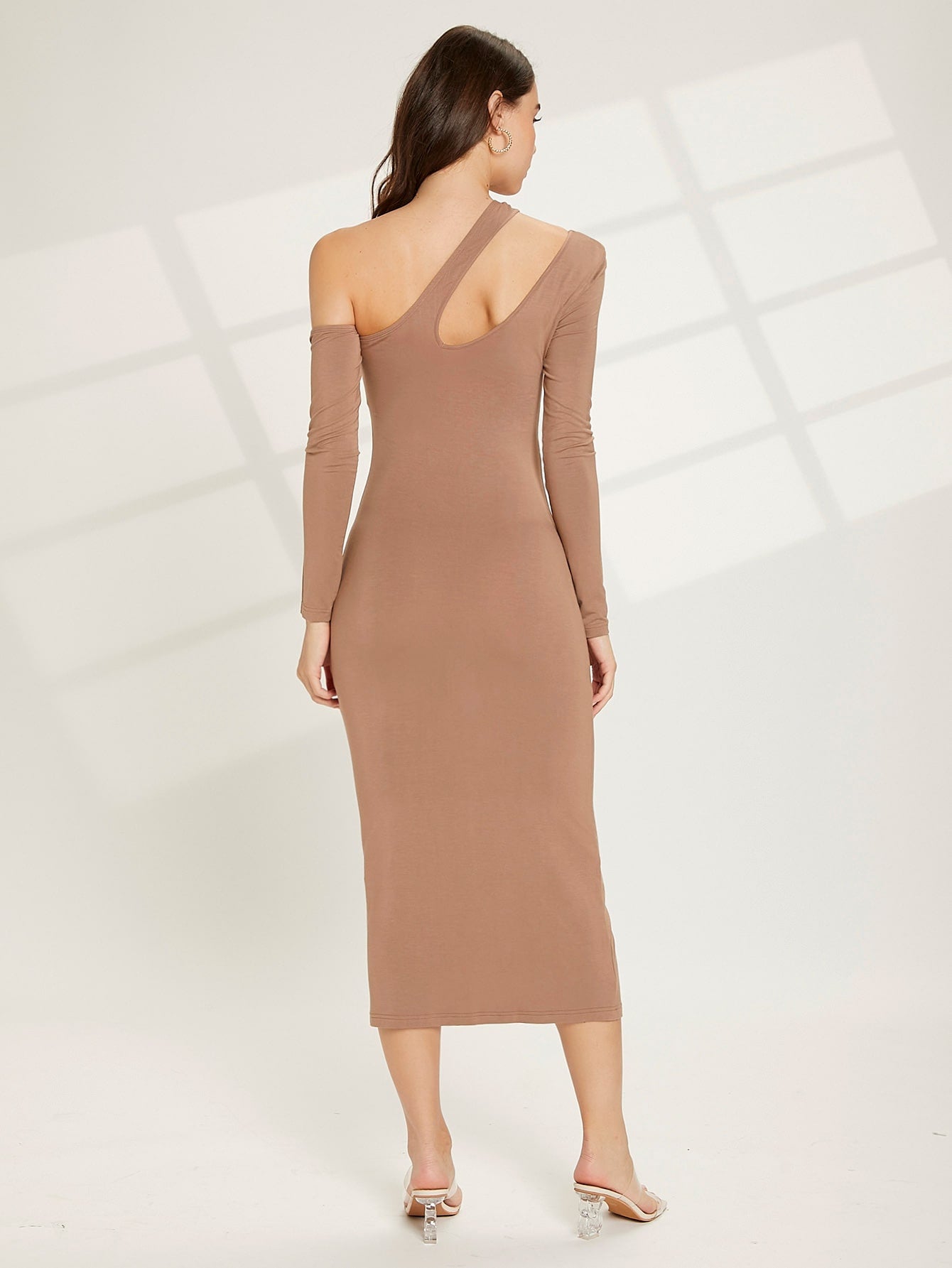 Solid Asymmetrical Neck Cut Out Slim Fit Dress