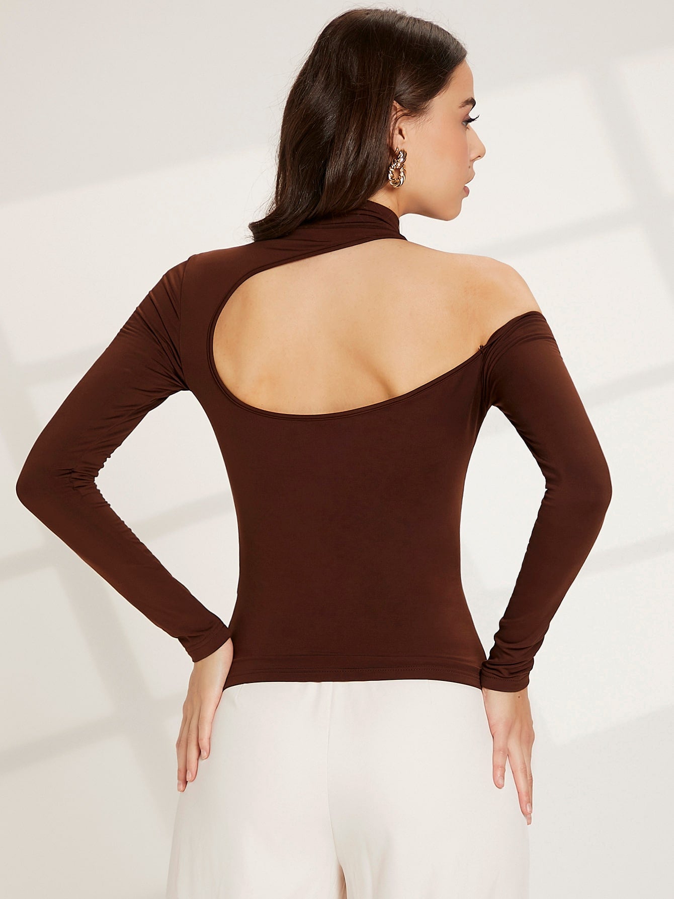 Brown Stand Collar Solid Mock Neck Cut Out Slim Fit Top