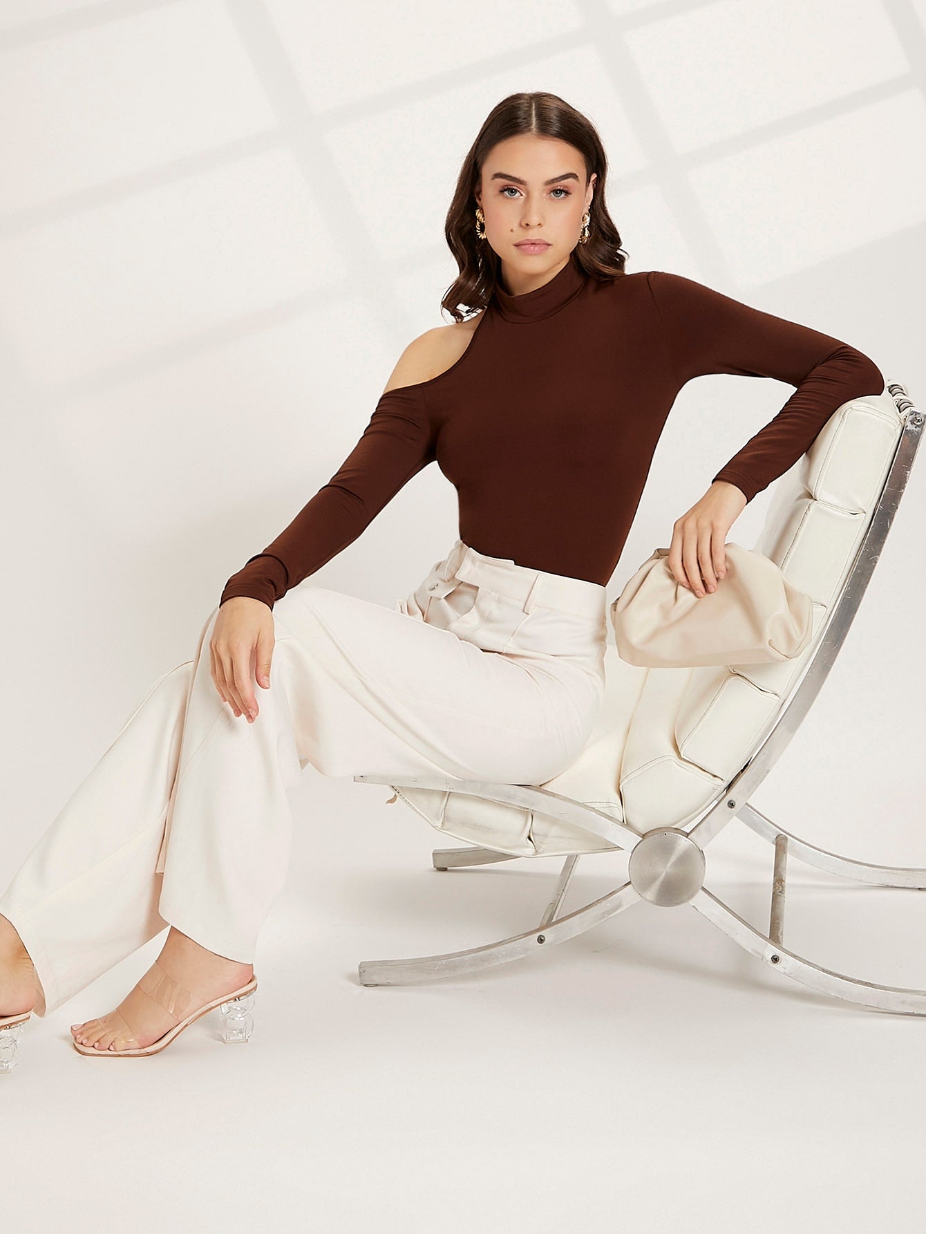 Brown Stand Collar Solid Mock Neck Cut Out Slim Fit Top