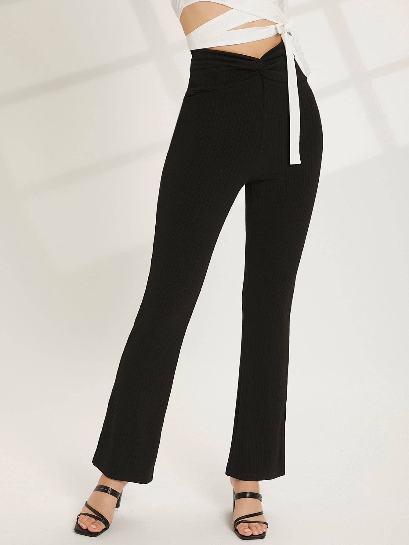 Black Rib-Knit Twist Front Flare Leg High Waist Trousers