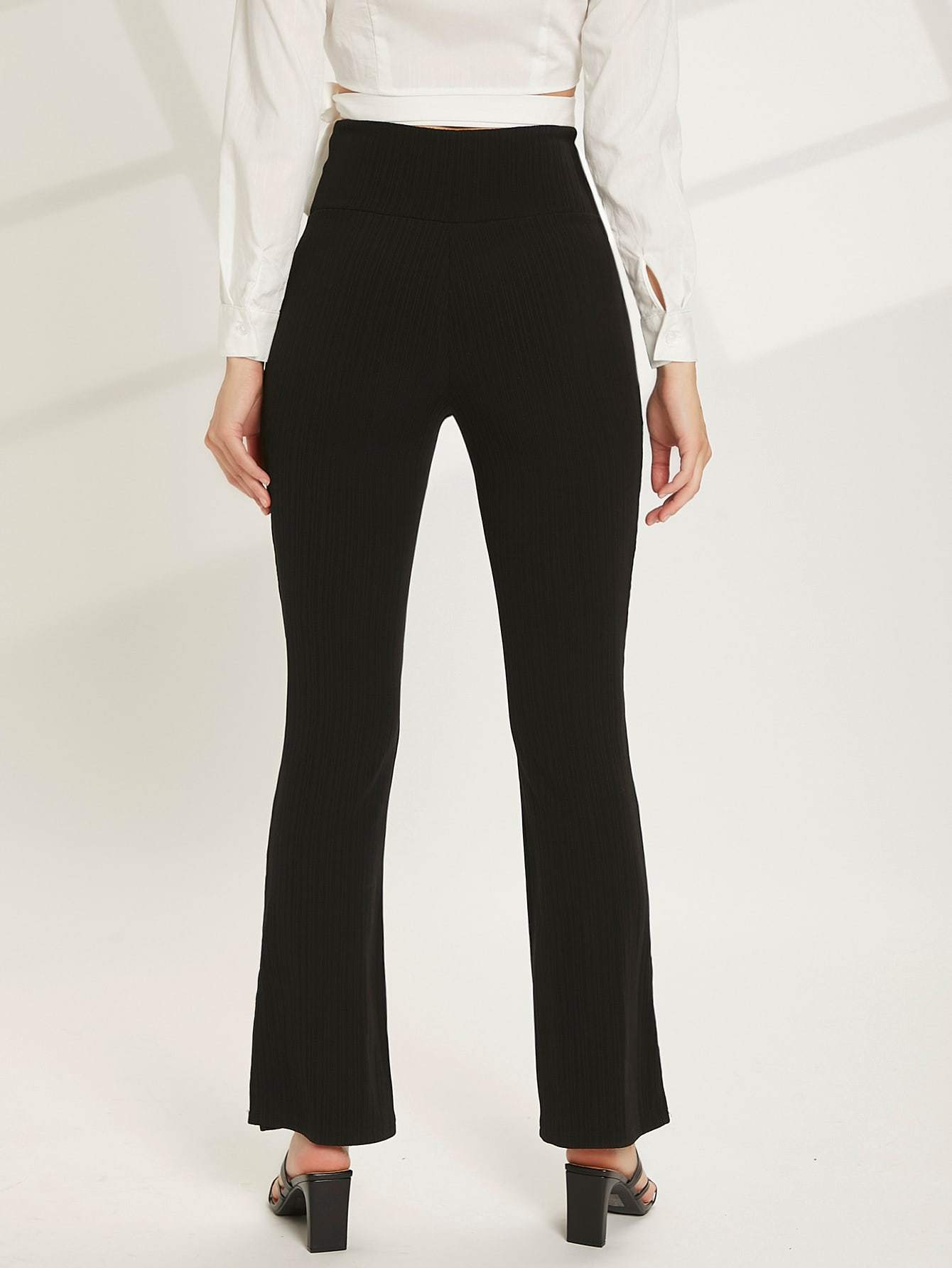 Black Rib-Knit Twist Front Flare Leg High Waist Trousers