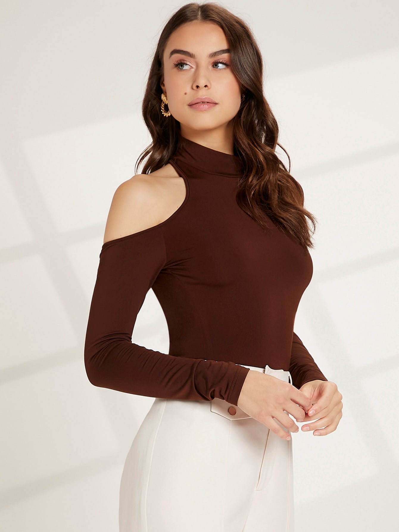 Brown Stand Collar Solid Mock Neck Cut Out Slim Fit Top