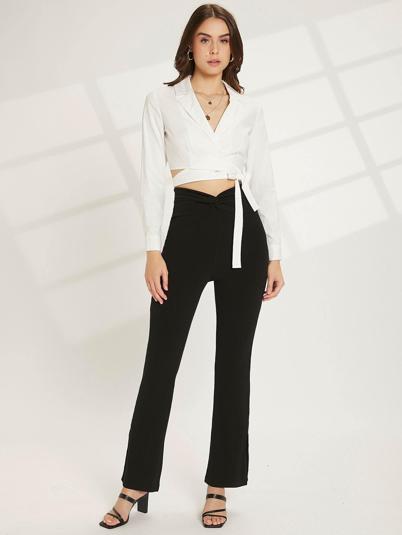 Black Rib-Knit Twist Front Flare Leg High Waist Trousers