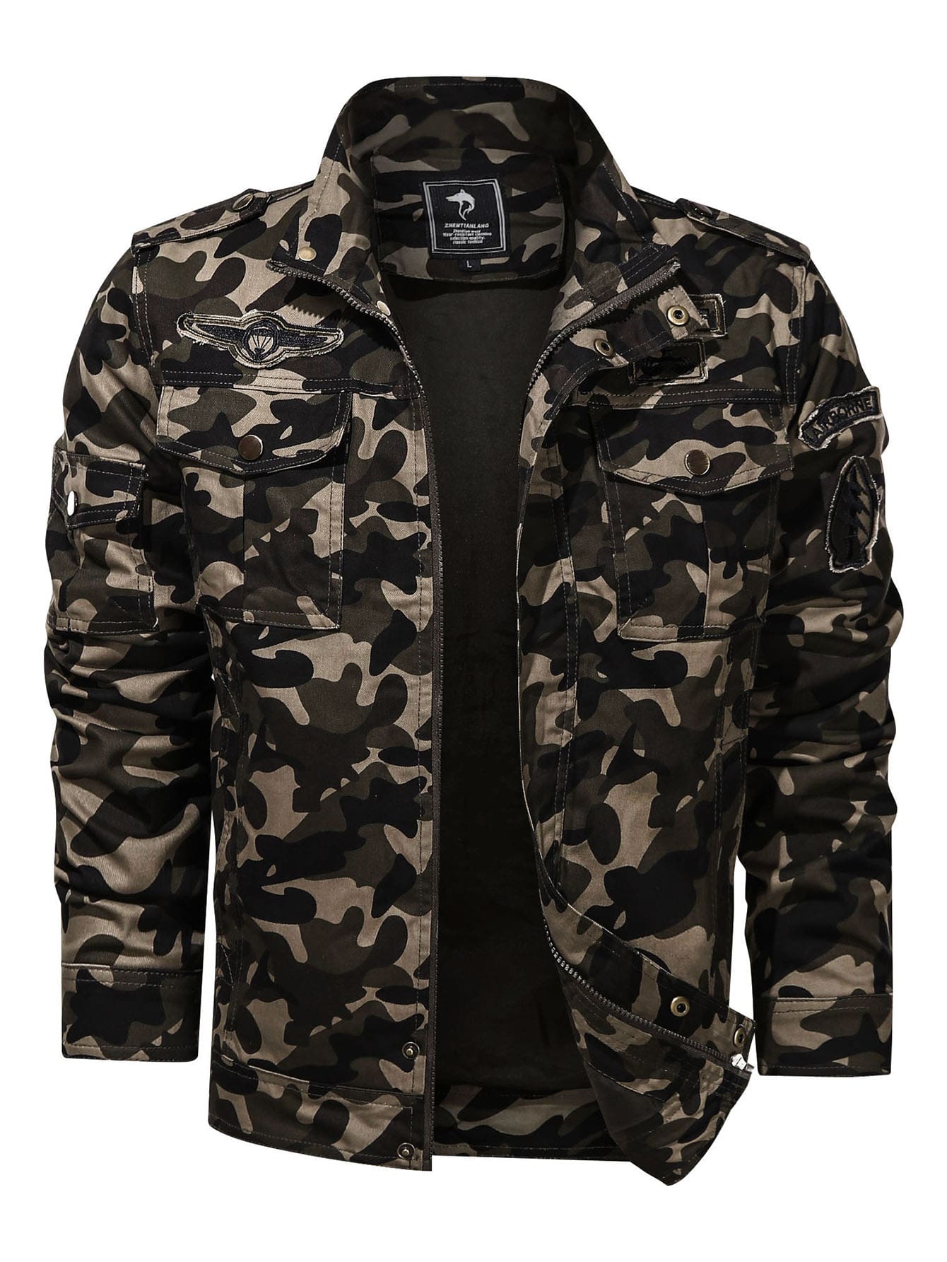 Camo Print Patch Detail Flap Pocket Jacket
