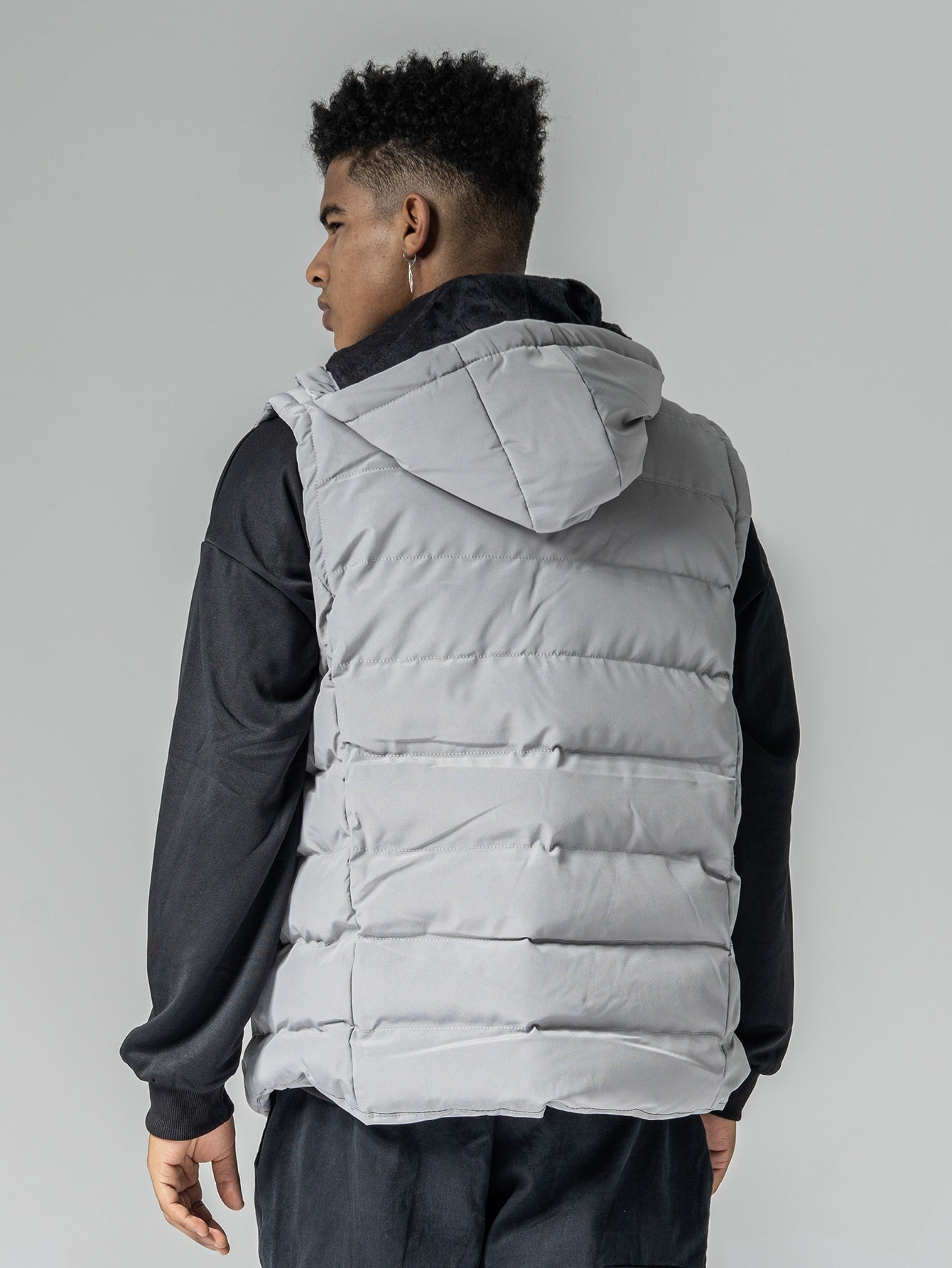 Grey Sleeveless Patched Drawstring Hooded Padded Gilet Jacket