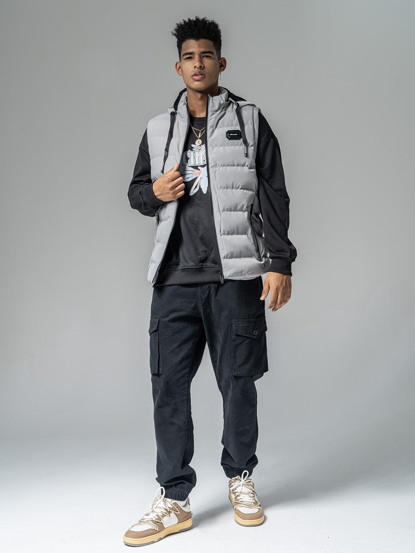 Grey Sleeveless Patched Drawstring Hooded Padded Gilet Jacket