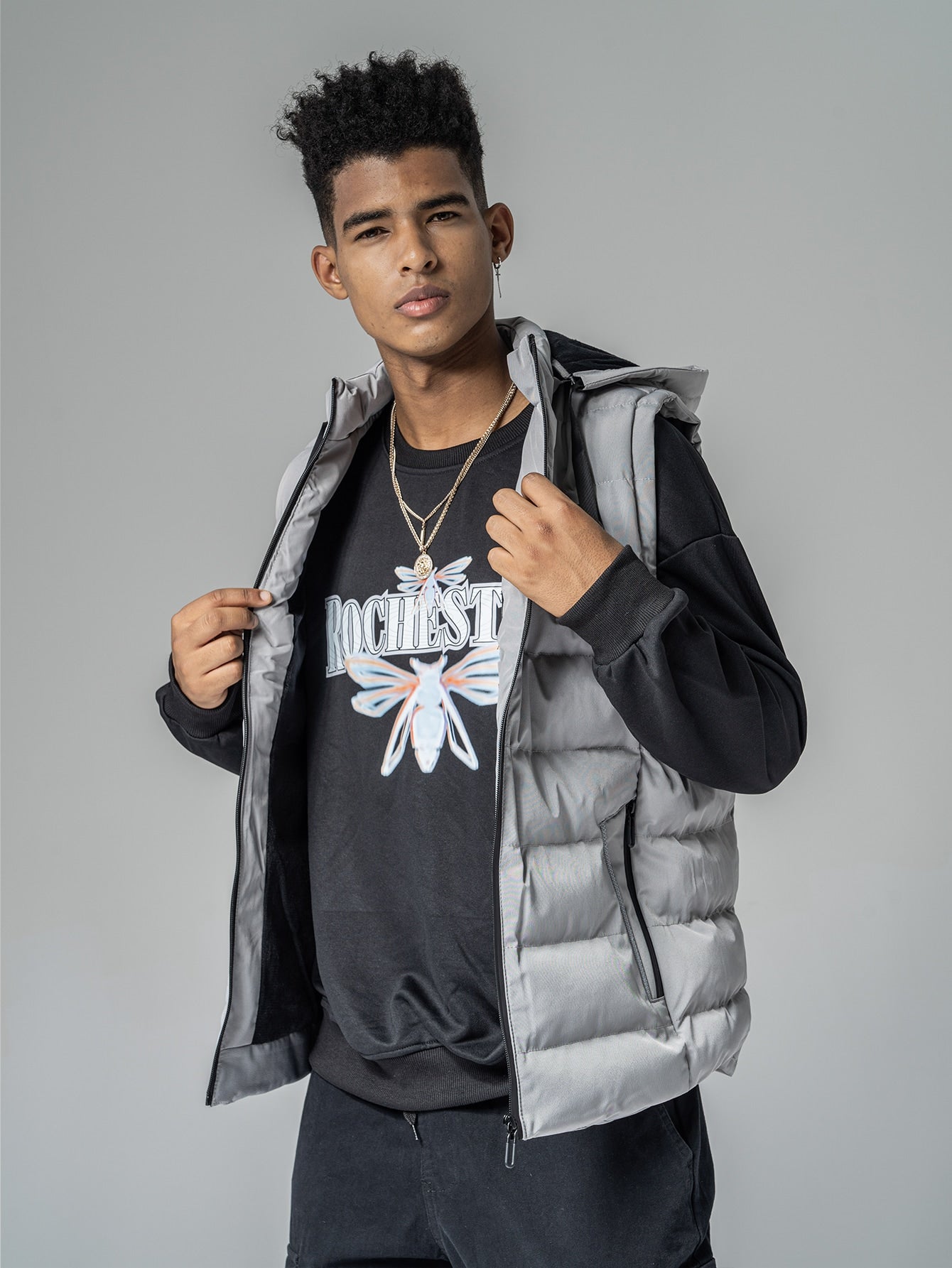 Grey Sleeveless Patched Drawstring Hooded Padded Gilet Jacket