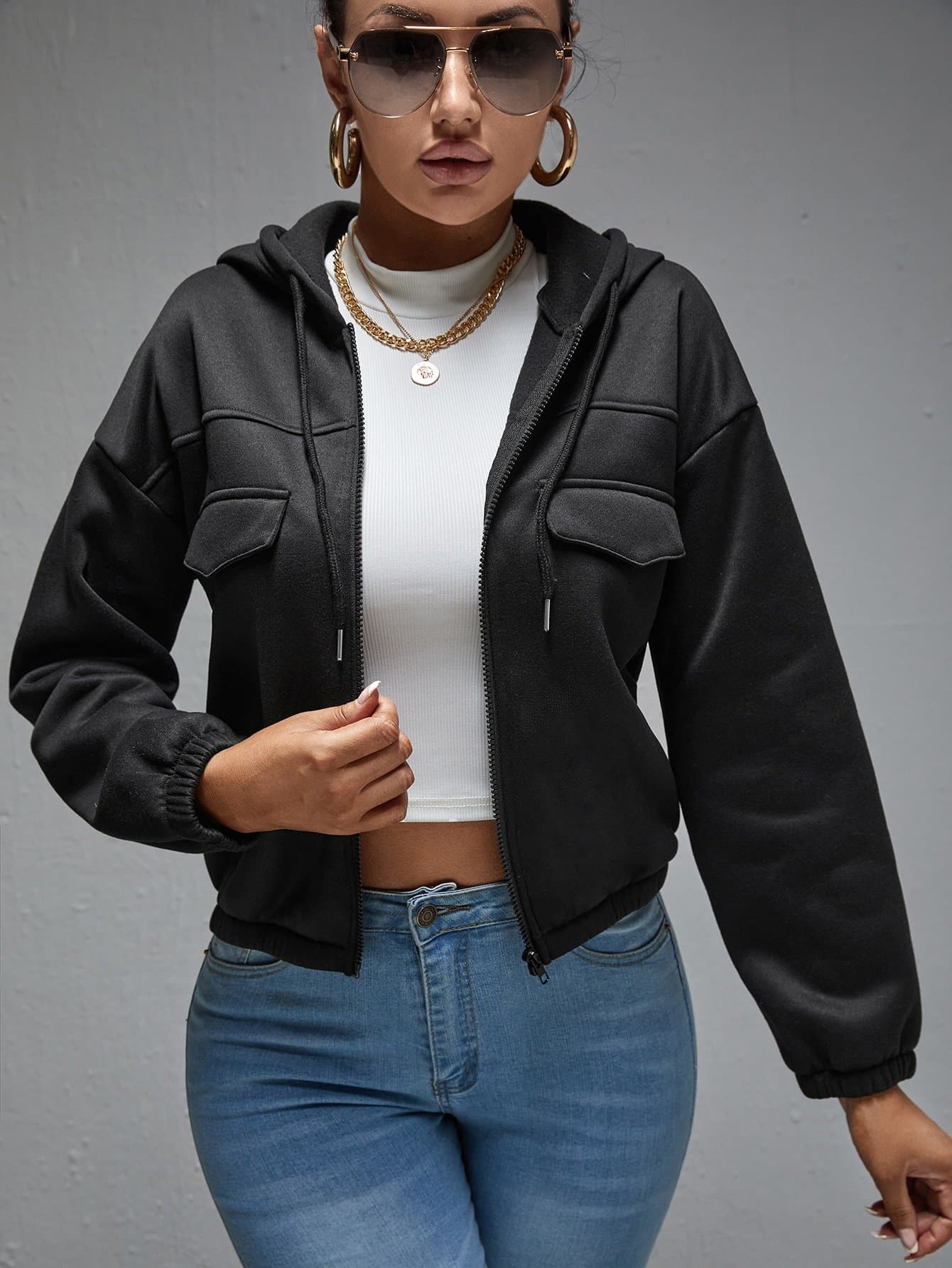 Black Tall Flap Detail Zipper Up Drawstring Hooded Jacket