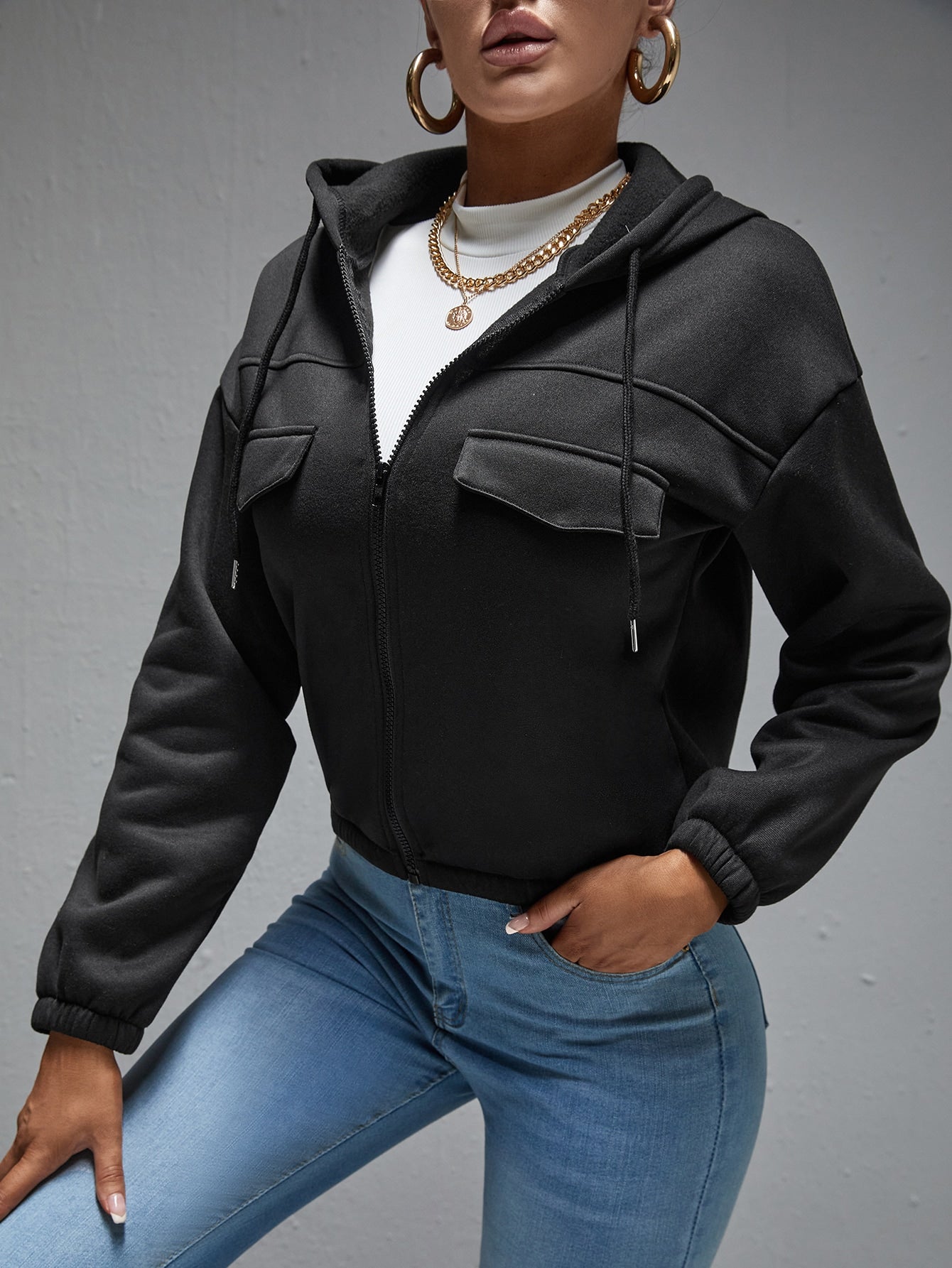 Black Tall Flap Detail Zipper Up Drawstring Hooded Jacket