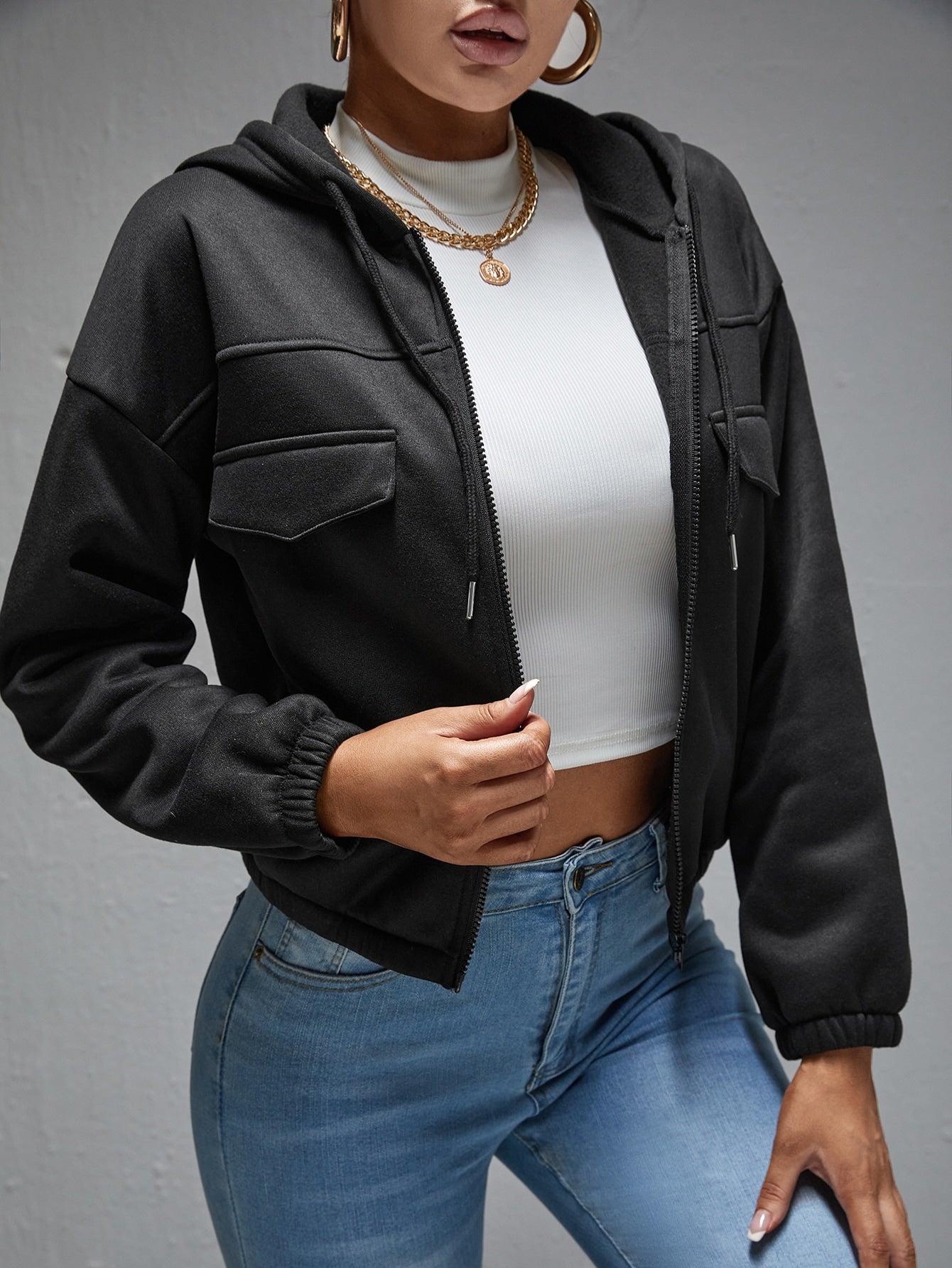 Black Tall Flap Detail Zipper Up Drawstring Hooded Jacket
