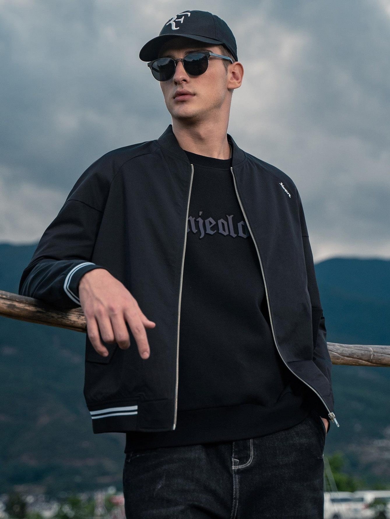 Stand Collar Letter Graphic Striped Trim Zipper Bomber Jacket