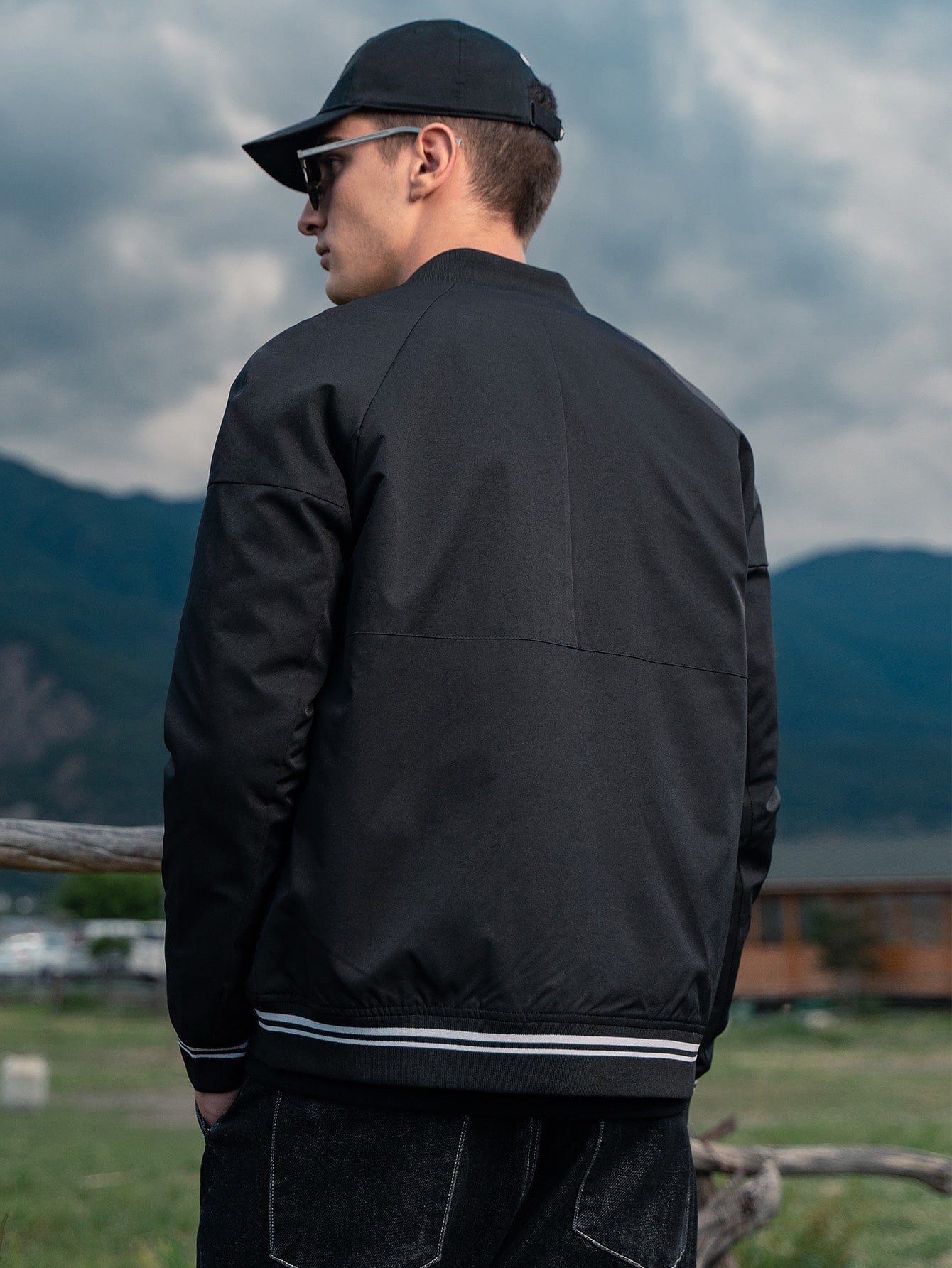 Stand Collar Letter Graphic Striped Trim Zipper Bomber Jacket