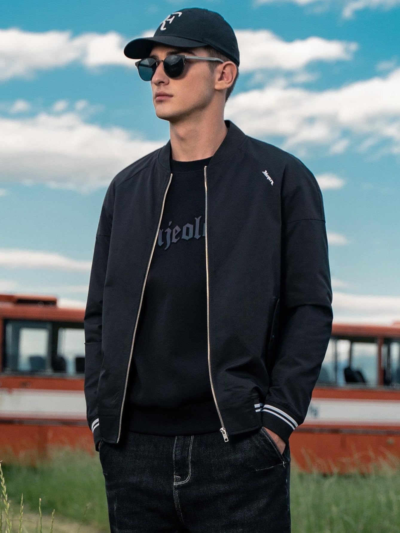 Stand Collar Letter Graphic Striped Trim Zipper Bomber Jacket