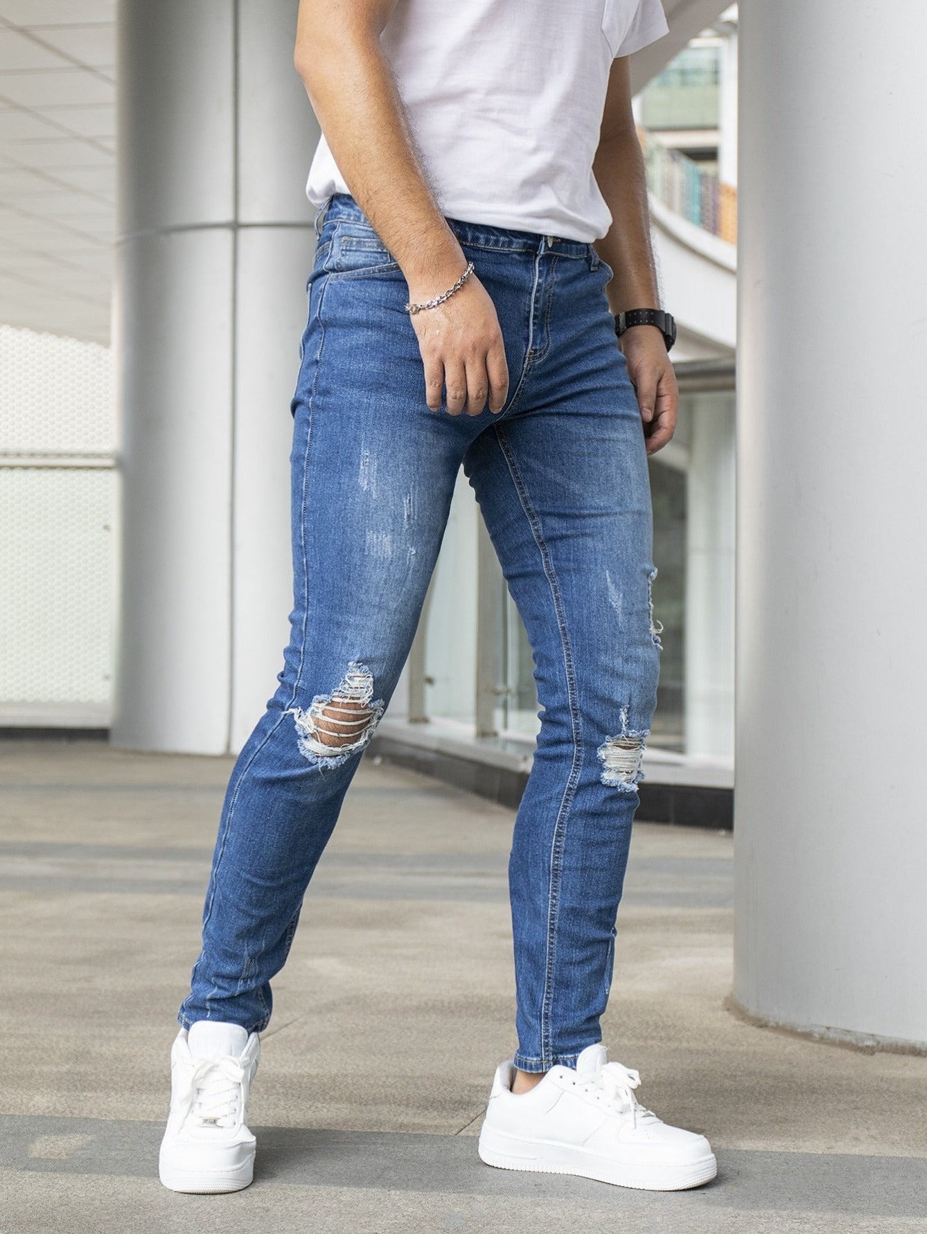 Blue Medium Wash Ripped Frayed Cat Scratch Skinny Jeans